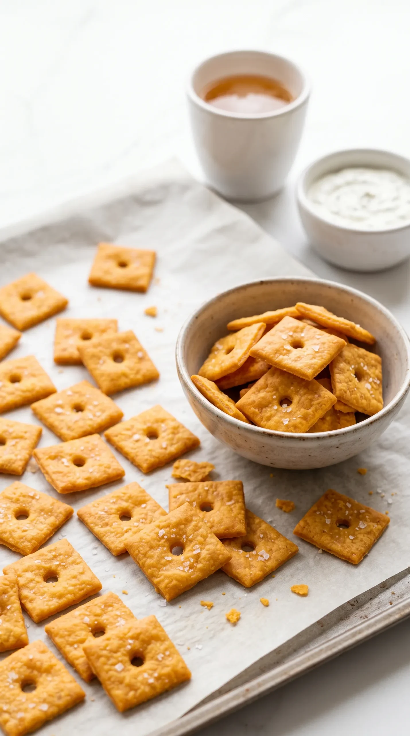 Sauerteig Käse-Cracker im Snack-Schälchen serviert mit einem Glas gekühltem Craft-Bier.