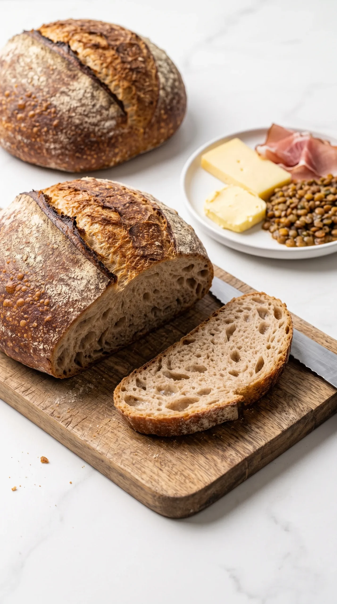 Eine Scheibe Sauerteig-Bauernbrot serviert mit gesalzener Fassbutter und herzhaftem Bergkäse.