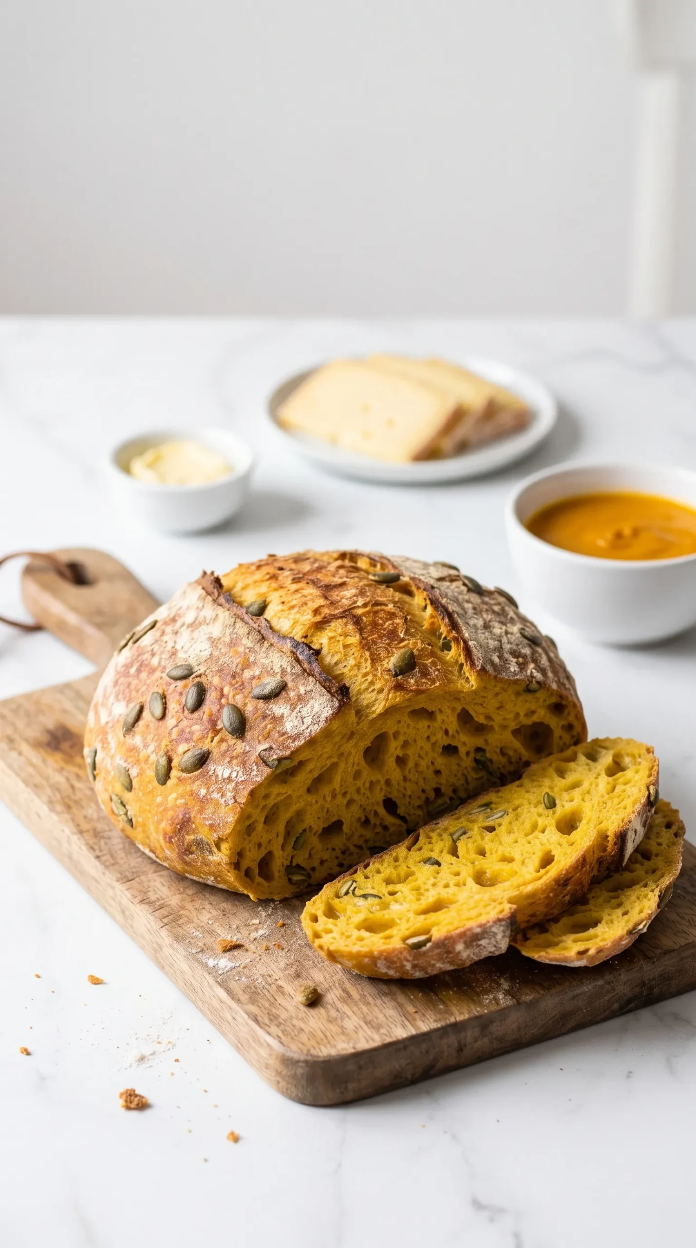 Eine Scheibe Kürbis-Dinkel-Sauerteigbrot serviert mit gesalzener Butter und reifem Bergkäse.