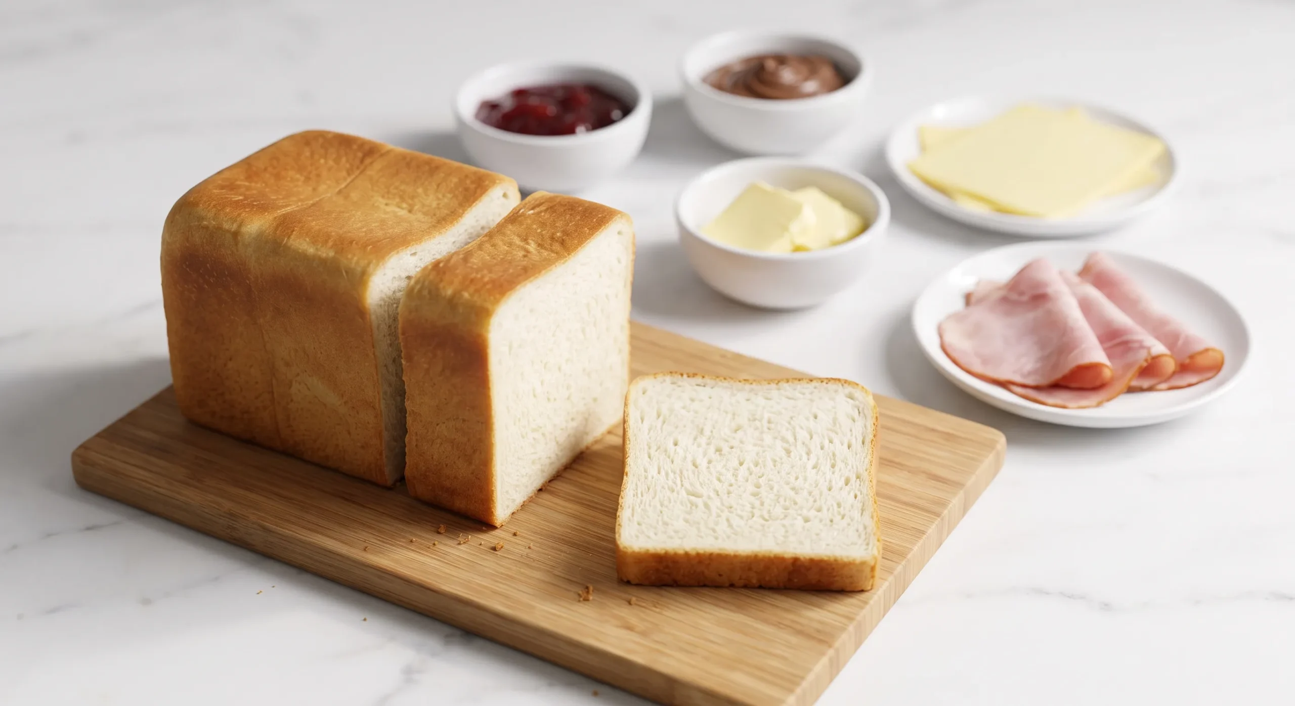 Eine Scheibe weiches Sauerteig-Toastbrot serviert mit gesalzener Butter und fruchtiger Erdbeerkonfitüre.