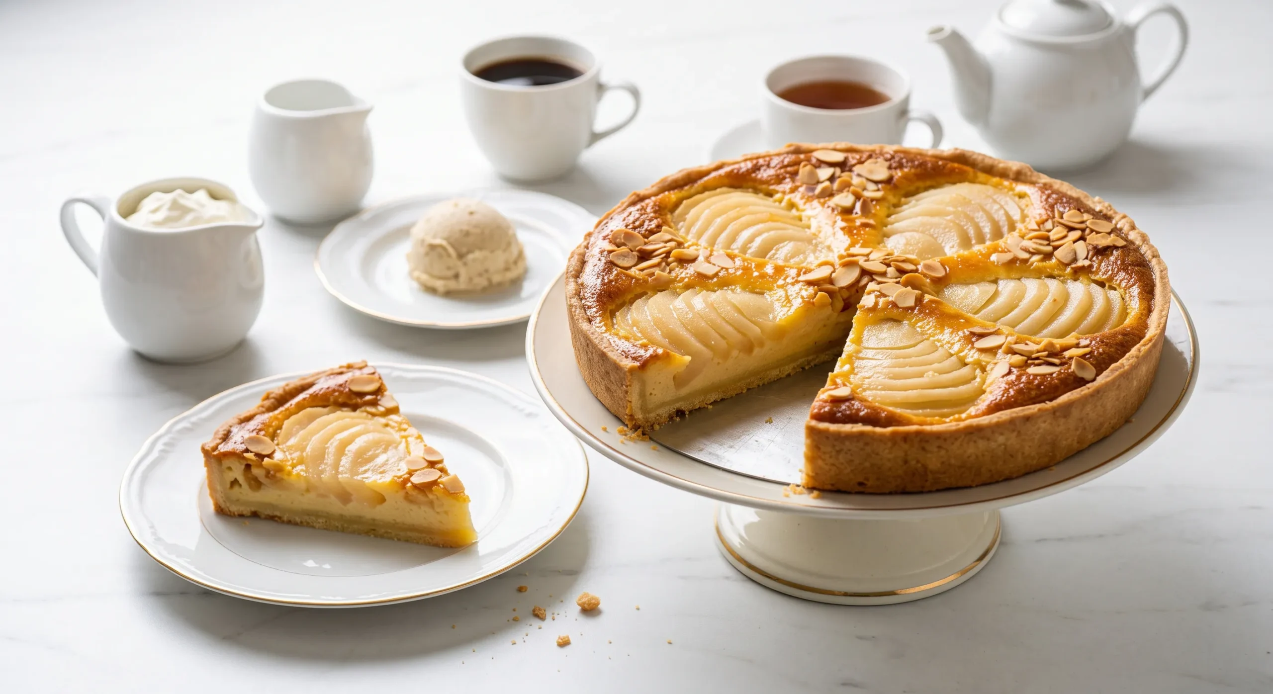 Ein Stück feiner Birnenkuchen serviert auf einem Dessertteller neben einer Tasse Filterkaffee und Vanillesahne.