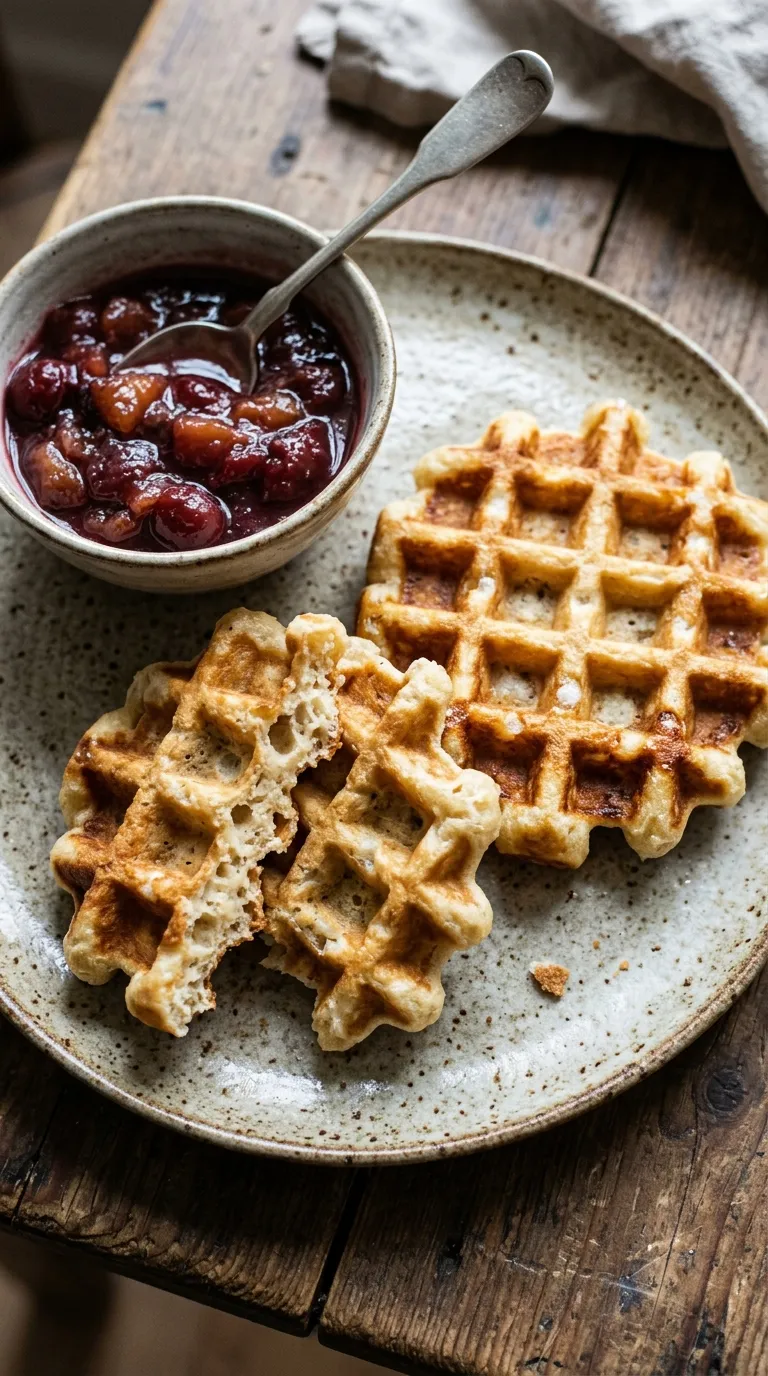Germ-Waffeln mit Pflaumenkompott und aufgebrochener Waffel zum Servieren