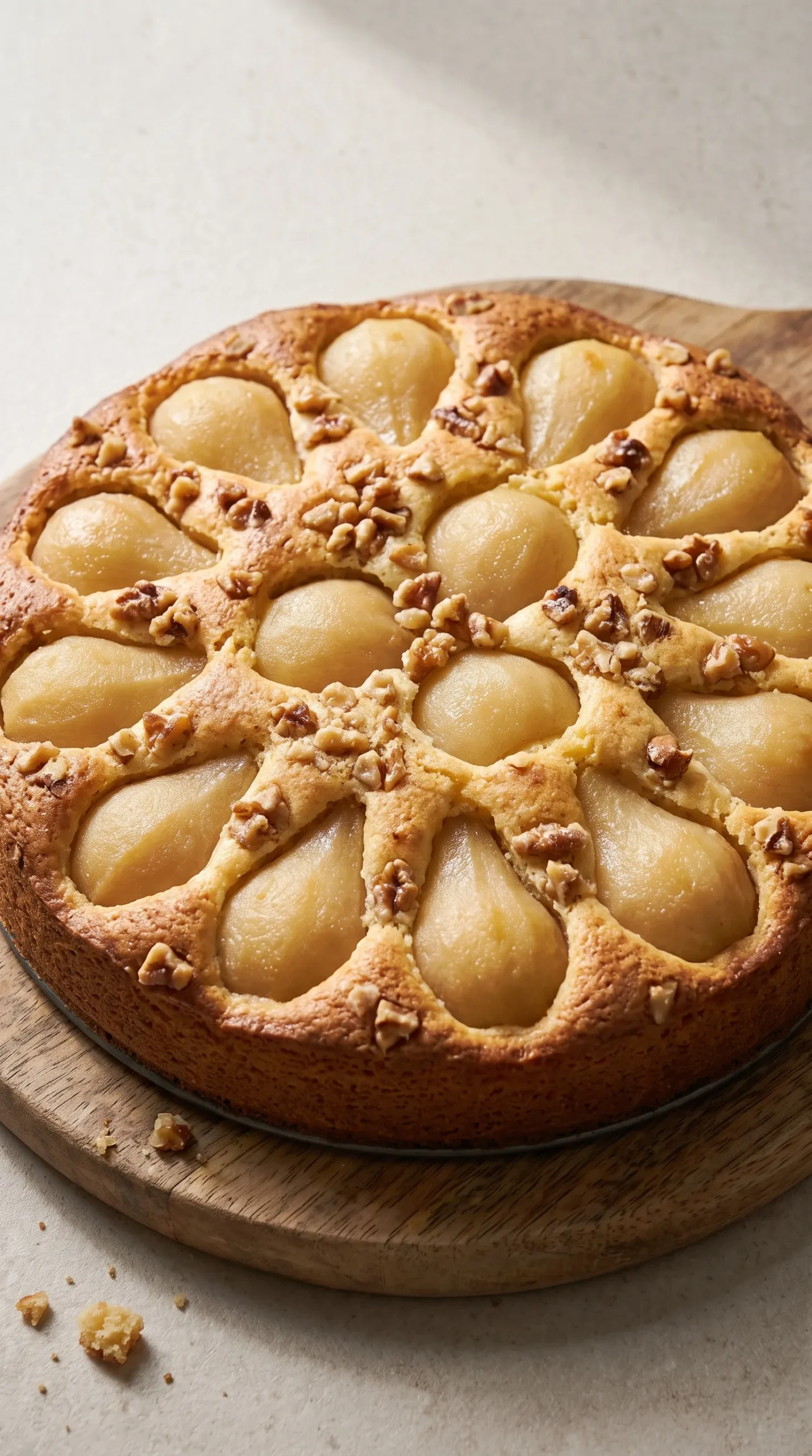 Runder Birnenkuchen mit Walnusskruste serviert auf einem Holzbrett für die herbstliche Kaffeetafel.
