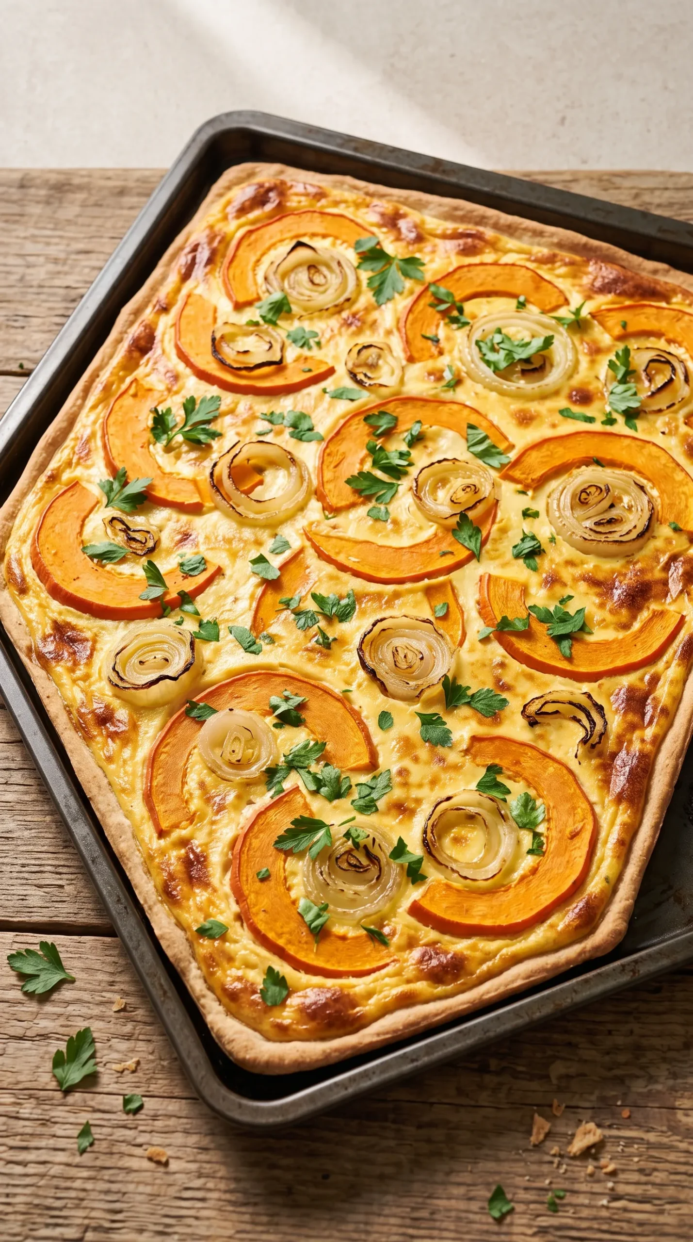 Ganzes Blech Zwiebel-Kürbis-Kuchen serviert auf einem rustikalen Holztisch bei natürlichem Tageslicht.