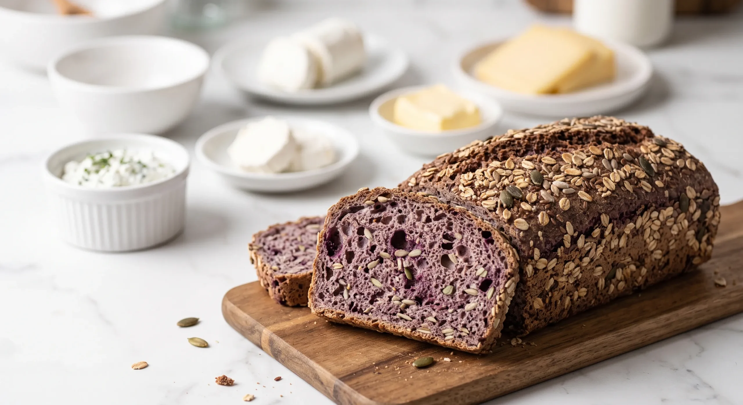 Eine Scheibe saftiges Aronia-Dinkelbrot serviert mit Kräuterquark und cremigem Ziegenkäse.