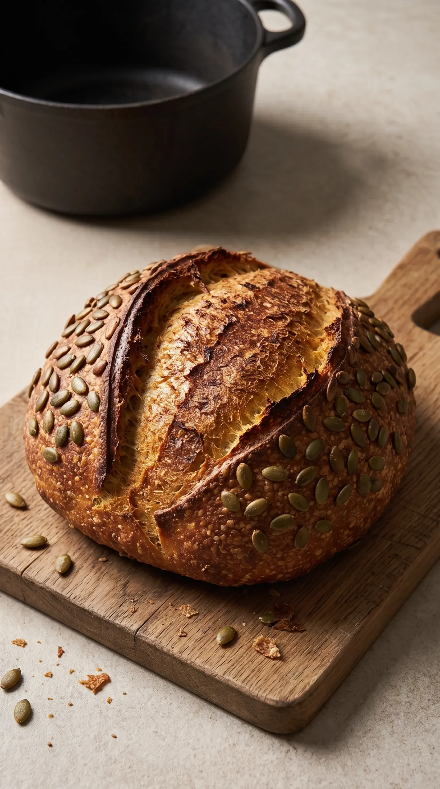 Ganzes rundes Kürbisbrot mit Sauerteig und Kürbiskernen serviert auf einem Holzbrett bei natürlichem Tageslicht.
