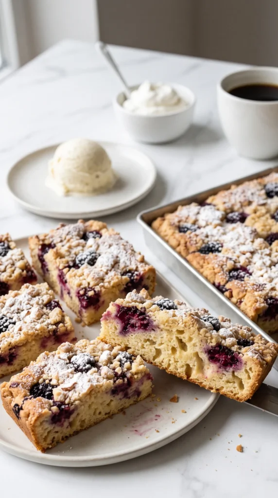 Brombeer-Mandelkuchen Stück serviert mit frisch geschlagener Sahne und Filterkaffee.