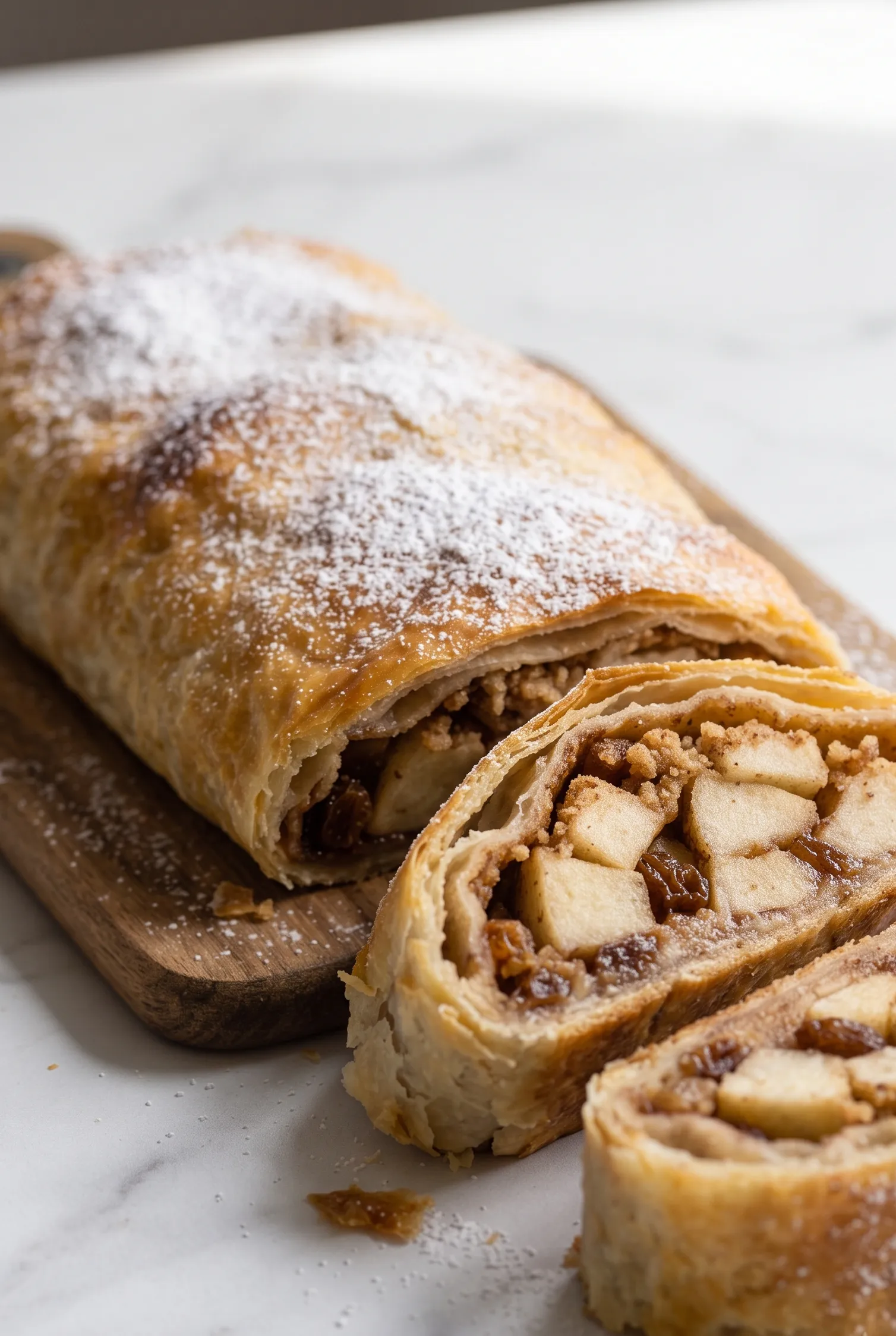Wiener Apfelstrudel mit altem Anstellgut frisch gebacken auf Holzbrett mit Puderzucker und zwei dicken Scheiben.