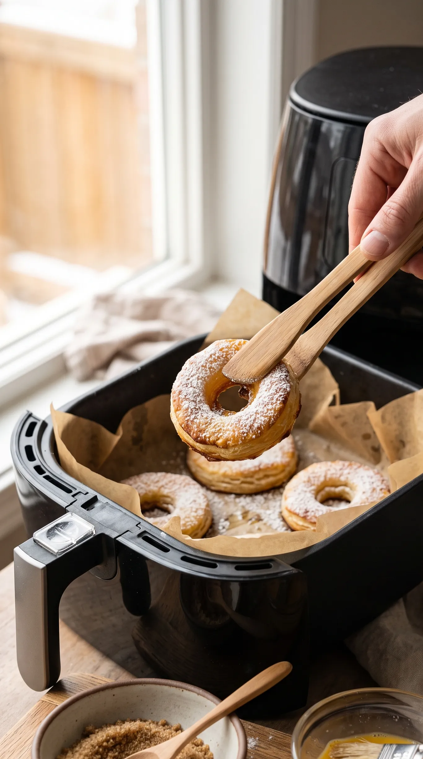 Knusprige Apfelringe im Blätterteig aus der Heißluftfritteuse mit Zimt-Zucker und Puderzucker.