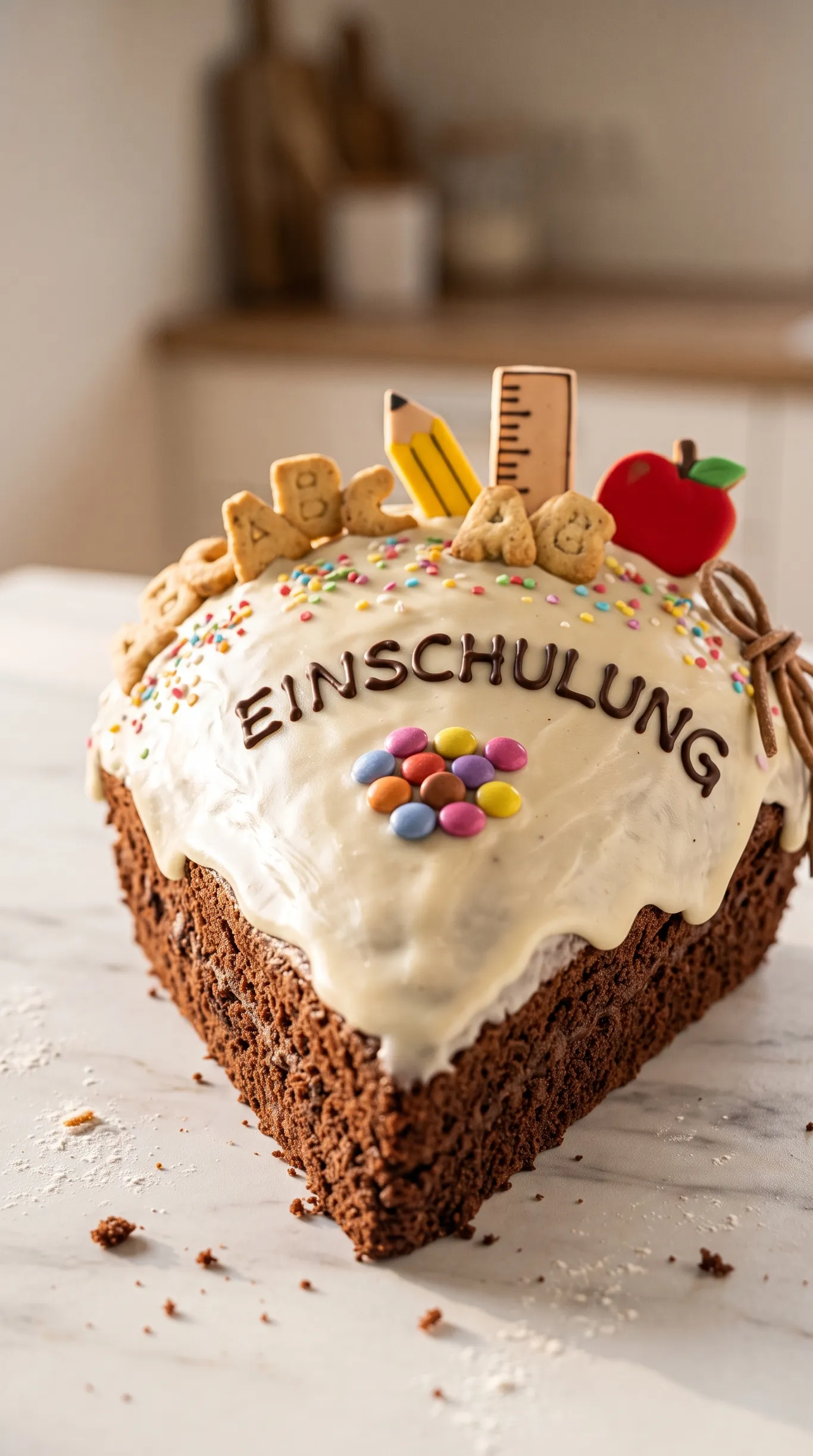 Saftiger Einschulungskuchen frisch gebacken — Schultüten-Form mit cremeweißer Vanille-Glasur und bunten Streuseln.