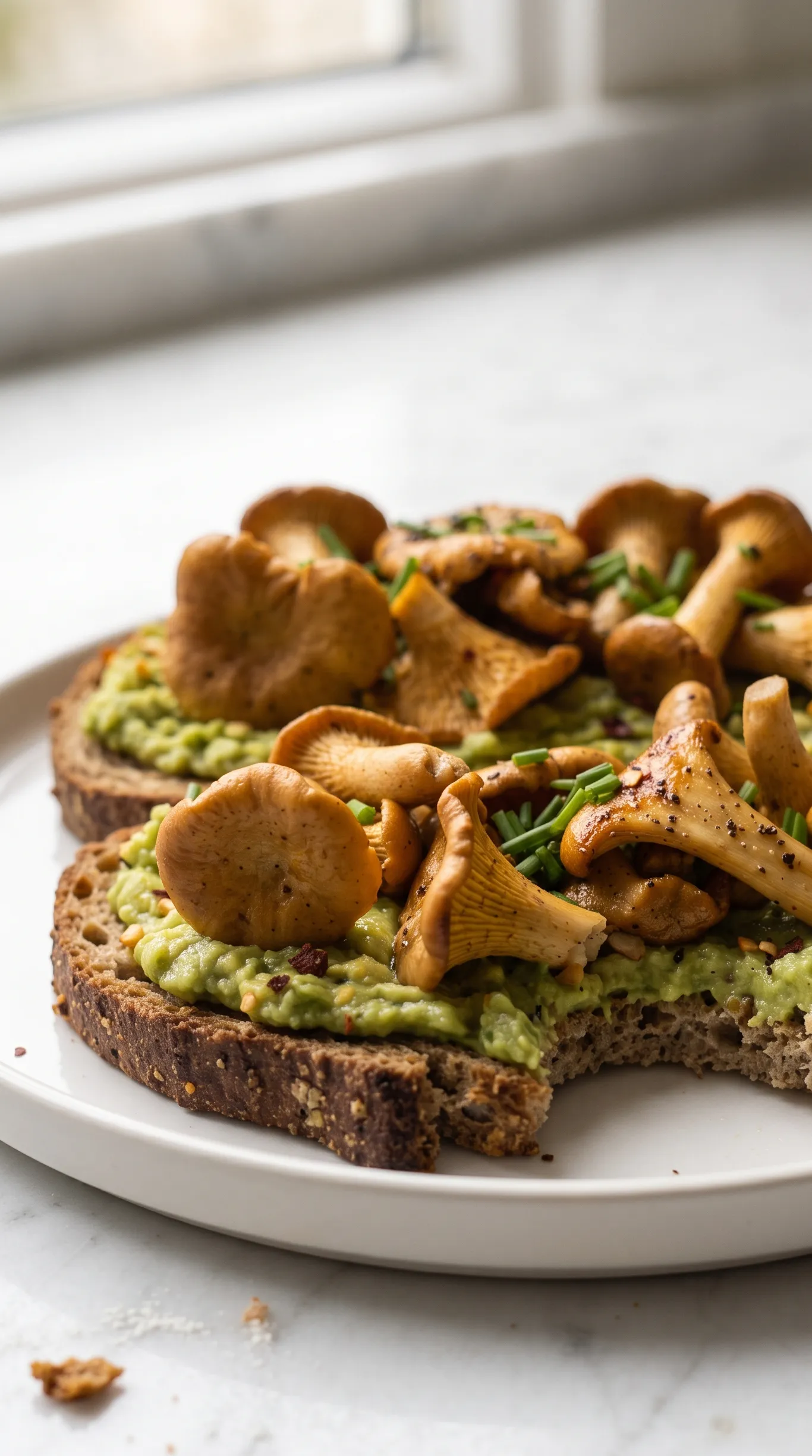 Deftiges Pfifferling-Brot: Getostetes Eiweißbrot mit Avocadocreme, Knoblauch-Pfifferlingen und Schnittlauch.