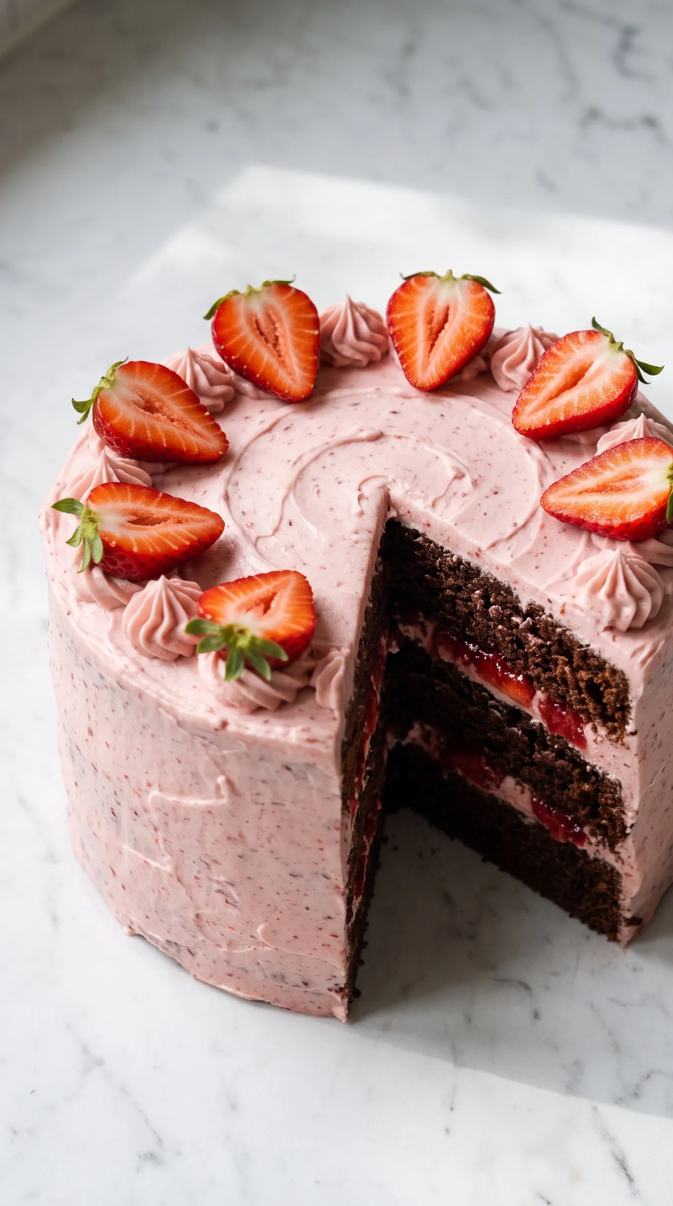 Erdbeer-Schokoladentorte frisch gebacken — rosafarbenes Frosting, frische Erdbeerhälften und dunkle Schokoschichten.