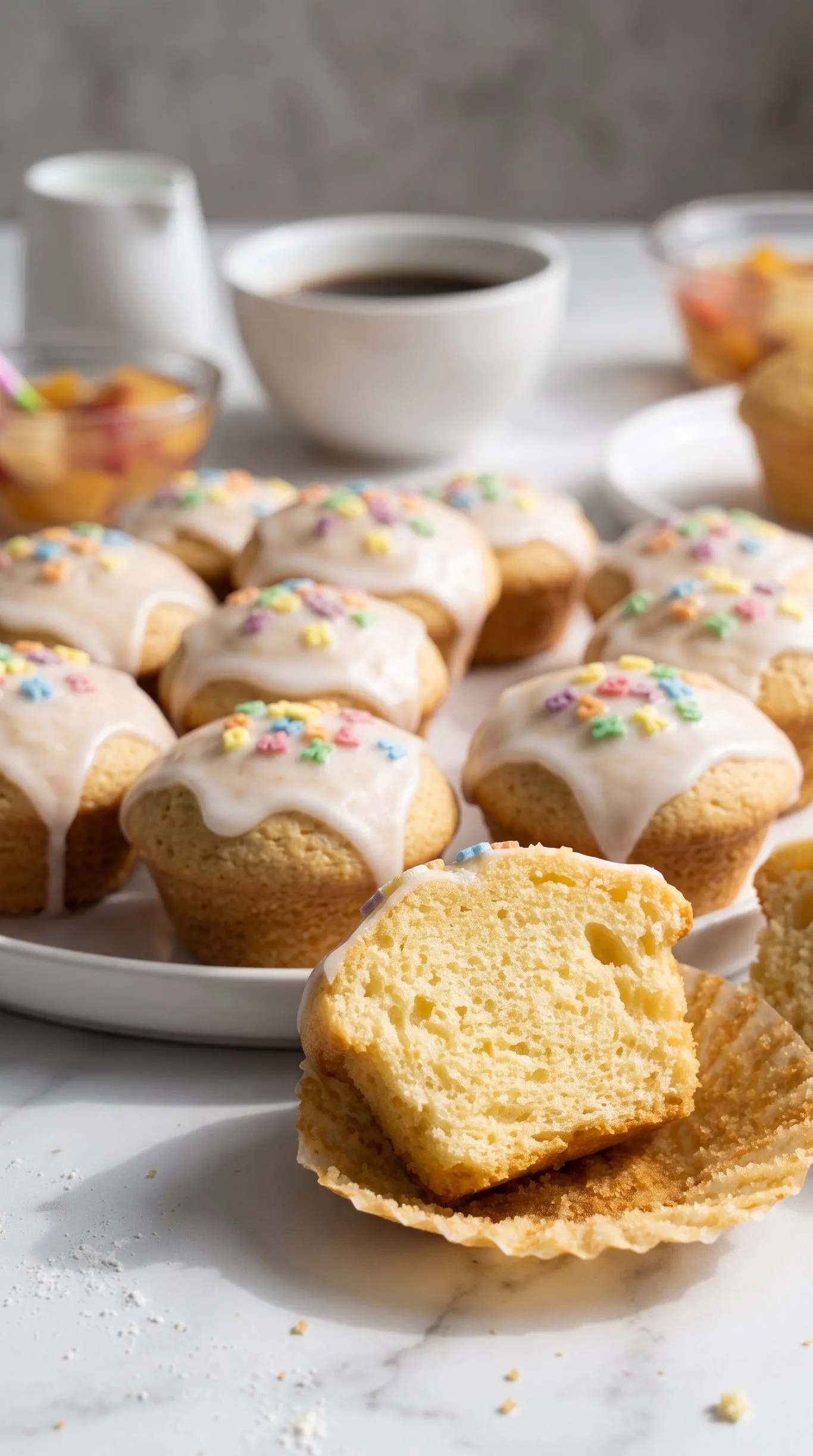 Saftige Einschulungs-Muffins frisch gebacken — mit weißem Zitronenguss und bunten Zuckerbuchstaben