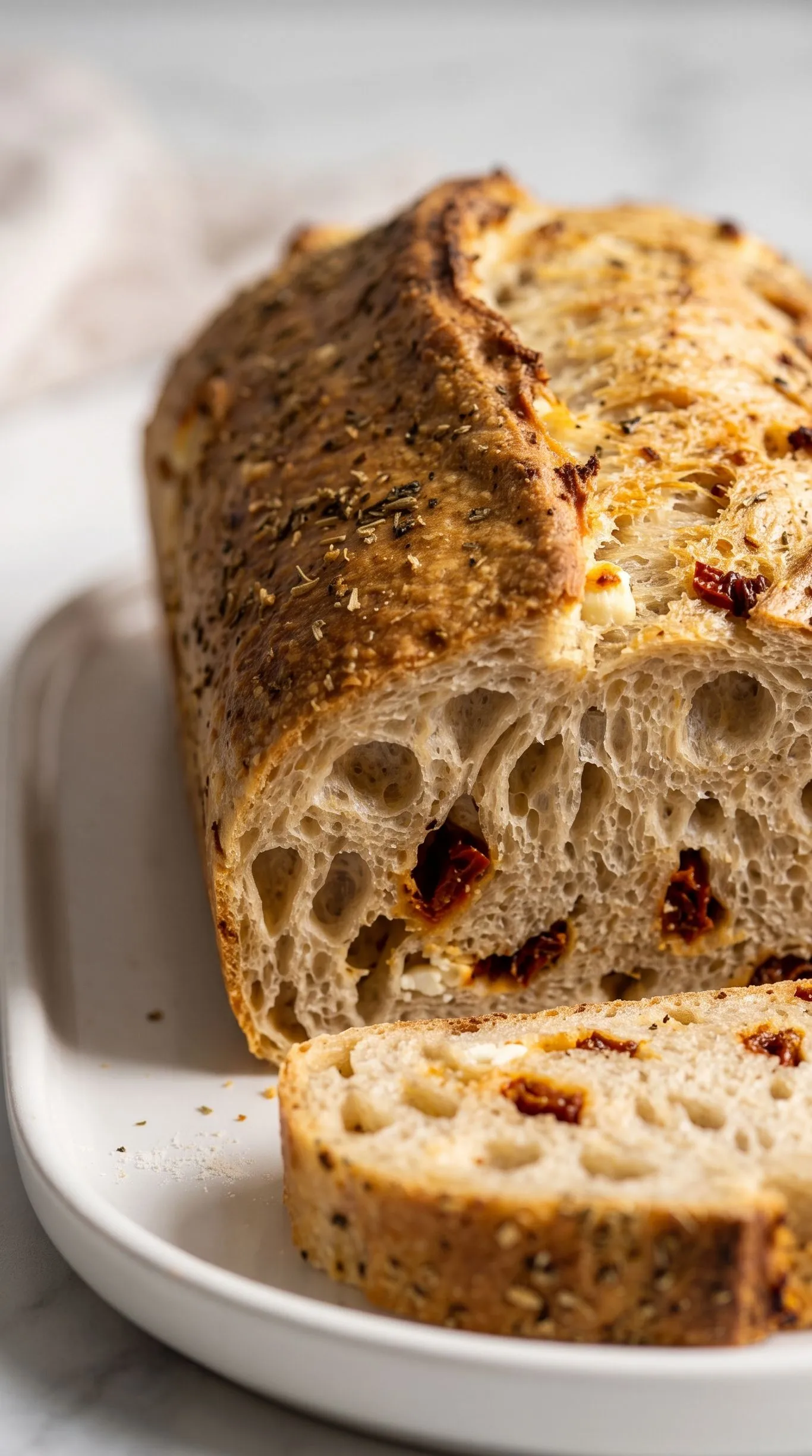 Feta-Tomaten-Brot frisch gebacken — rustikale goldbraune Kruste mit Feta