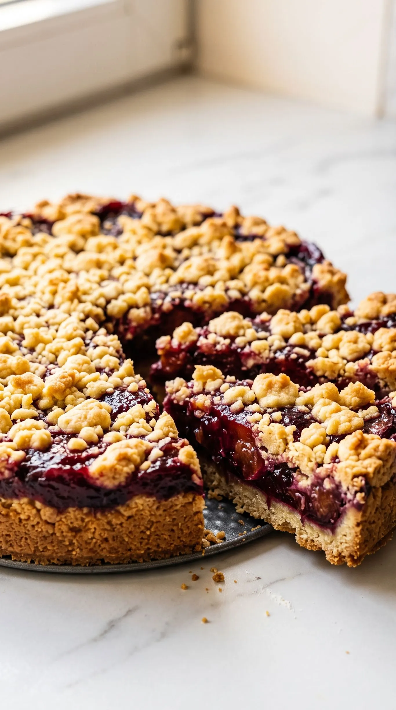 Einfacher Zwetschgenkuchen mit Streuseln aus der Springform, frisch gebacken mit zwei angeschnittenen Stücken.