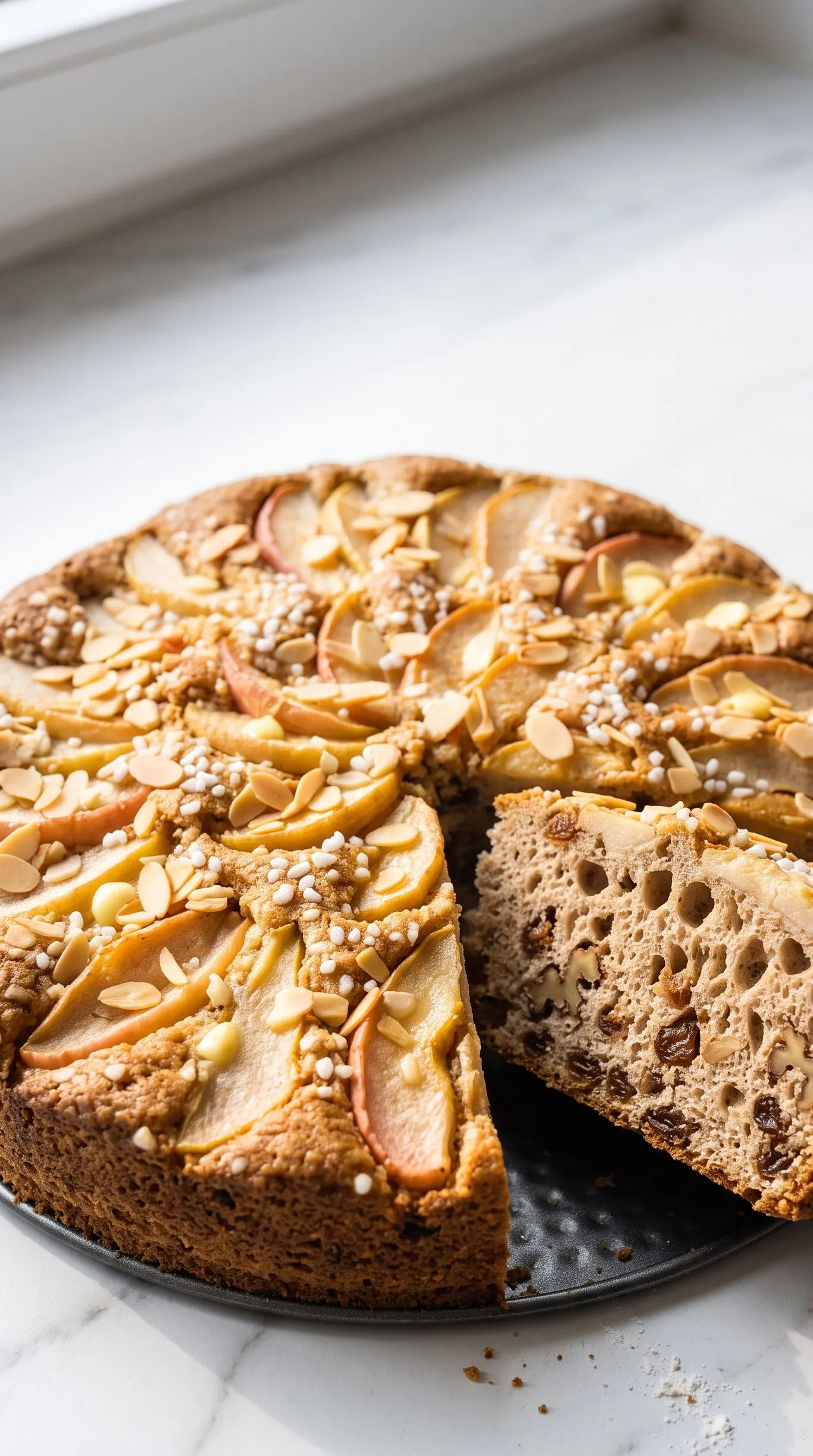 Apfel-Birnen-Kuchen aus Sauerteig frisch gebacken in der Form mit zwei angeschnittenen Stücken, belegt mit Mandelstiften und Hagelzucker.