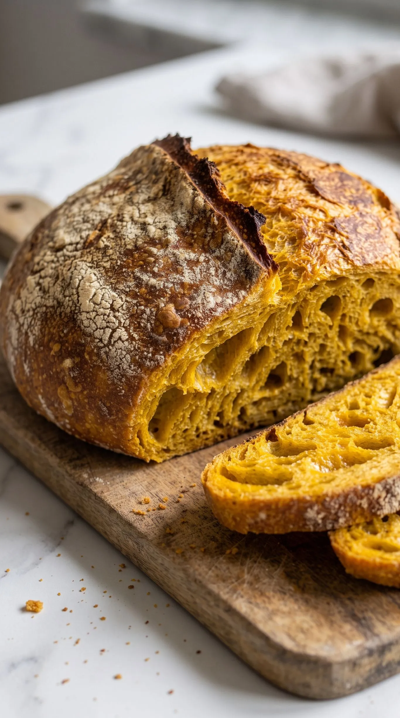Saftiges Kürbisbrot mit Sauerteig frisch aus dem Gusseisentopf, angeschnitten auf rustikalem Holzbrett mit leuchtend oranger Krume.