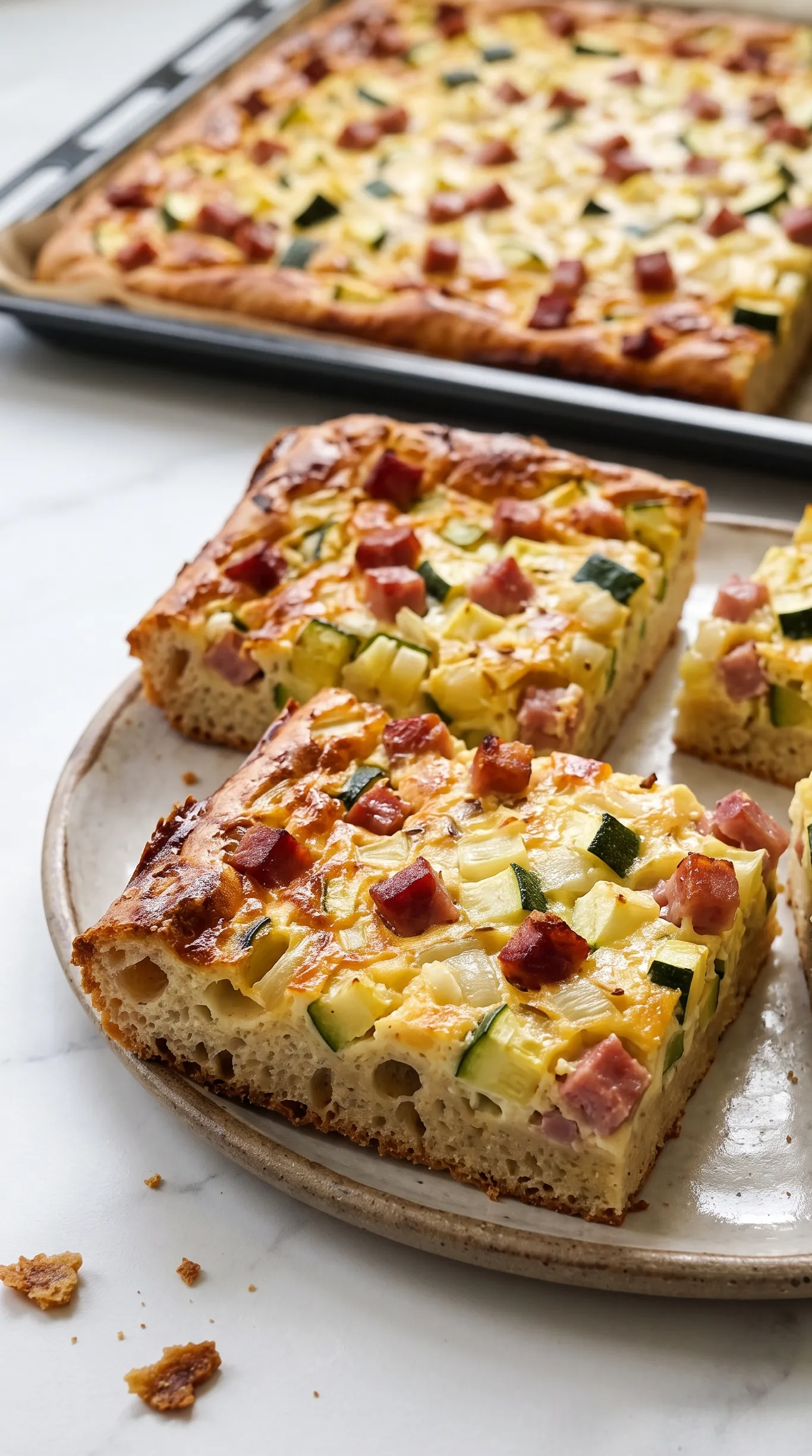 Herzhafter Zucchini-Zwiebelkuchen mit Katenschinken frisch vom Blech, in Stücke geschnitten auf Servierplatte.
