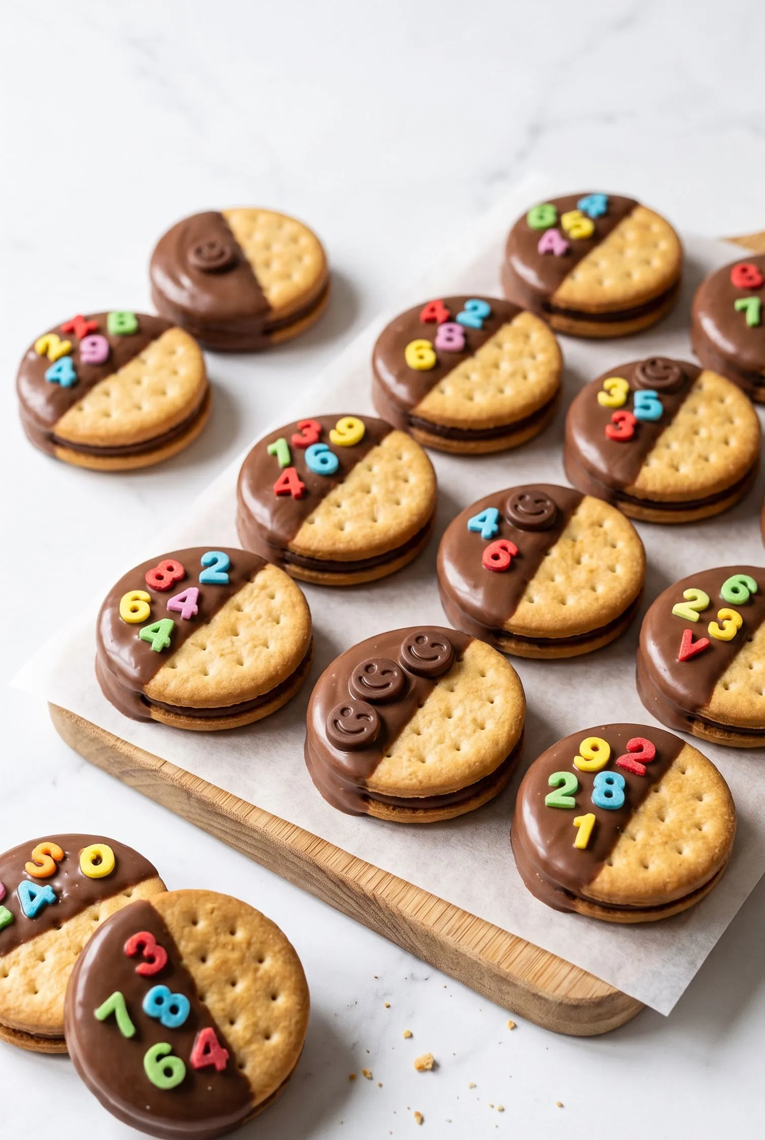 Schoko-Doppelkekse zur Einschulung mit bunter Dekoration aus Zucker-Buchstaben, Zahlen und Schokoglasur auf Holzbrett.