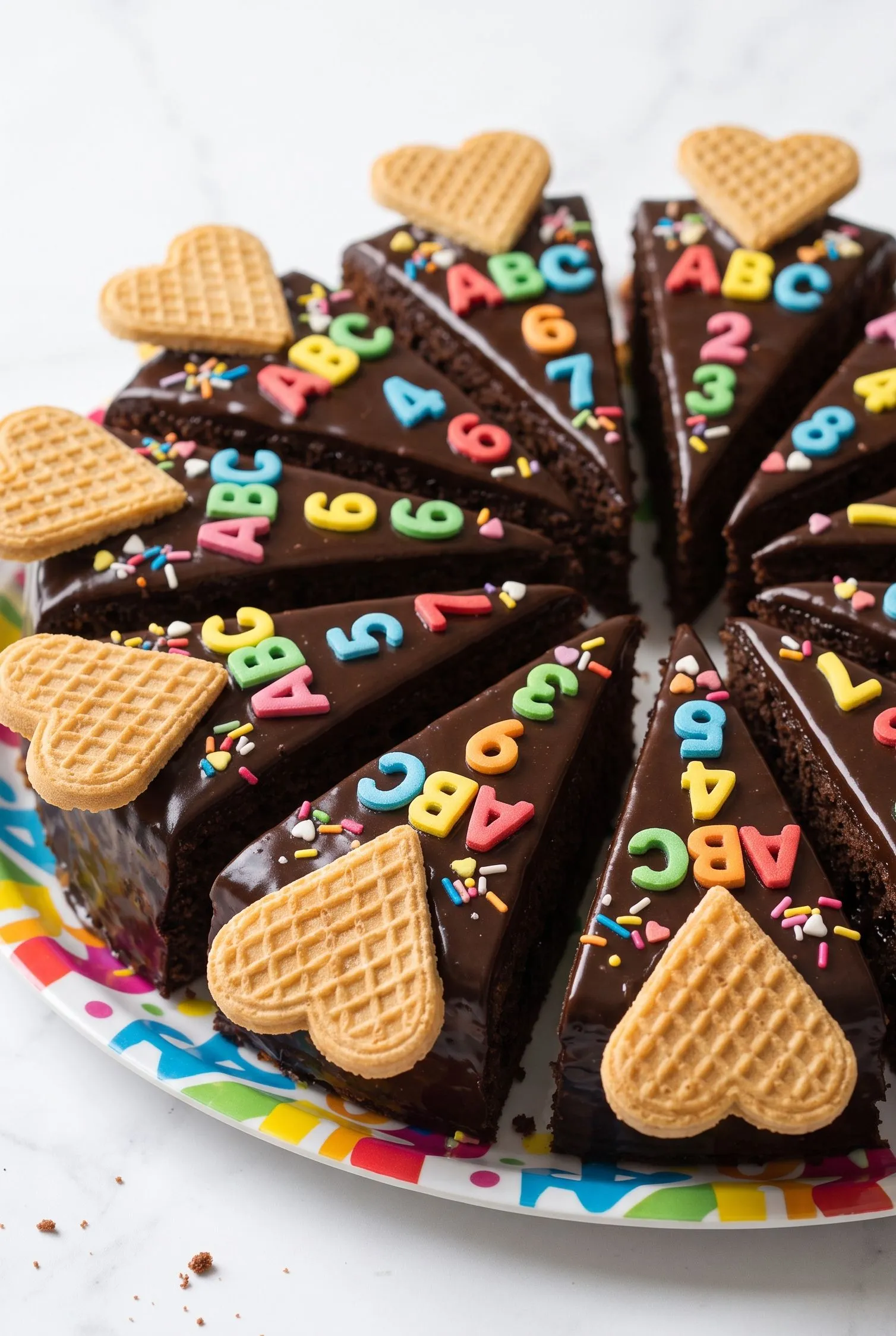 Bunte Schultüten-Kuchenstücke zur Einschulung mit Schokoglasur, Zucker-Buchstaben und Waffelspitzen auf einer Servierplatte.