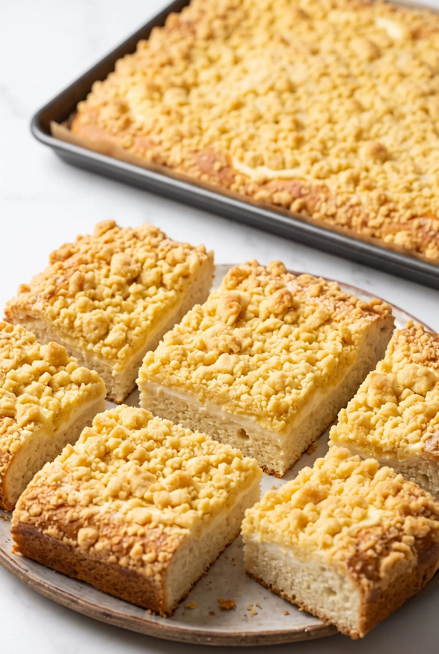 Klassischer Streuselkuchen vom Blech mit cremiger Schmand-Schicht und knusprigen Butterstreuseln frisch gebacken.