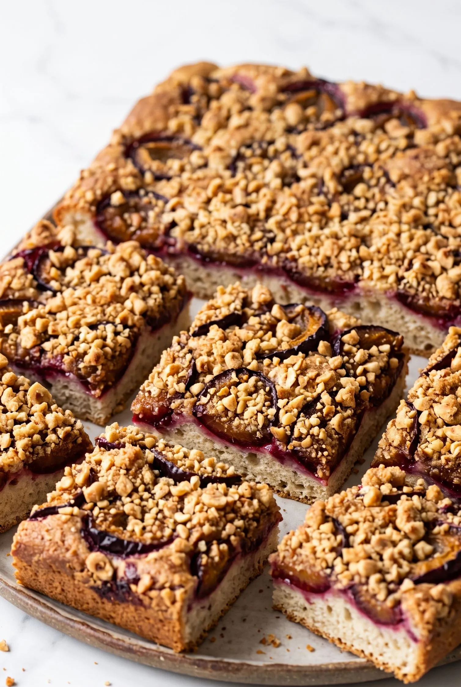Saftiger Zwetschgen-Streuselkuchen mit Sauerteig und Haselnüssen frisch vom Blech, in Stücke geschnitten.