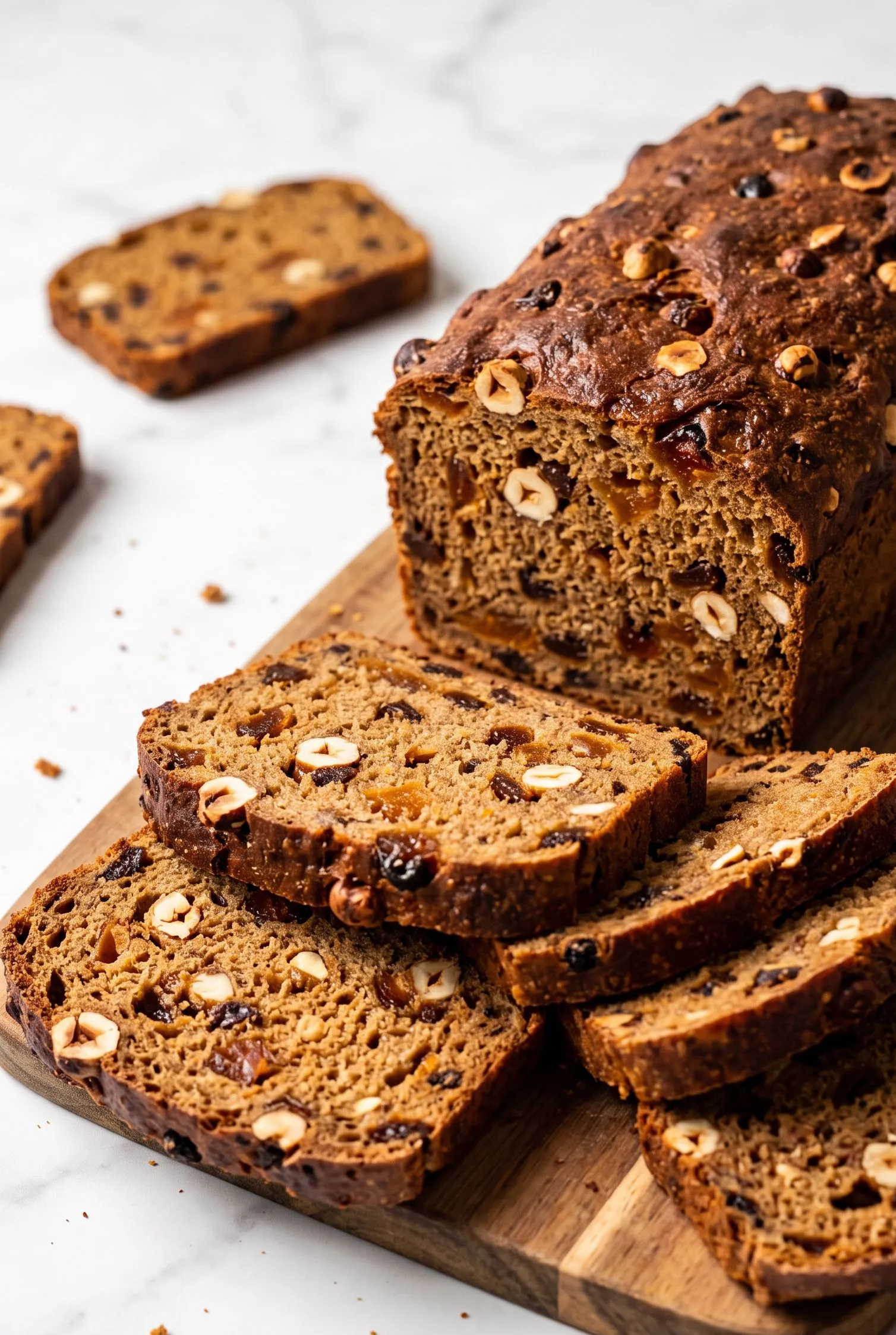 Früchtebrot mit Sauerteig und Vollkorn frisch gebacken in Kastenform, dick aufgeschnitten auf Holzbrett.