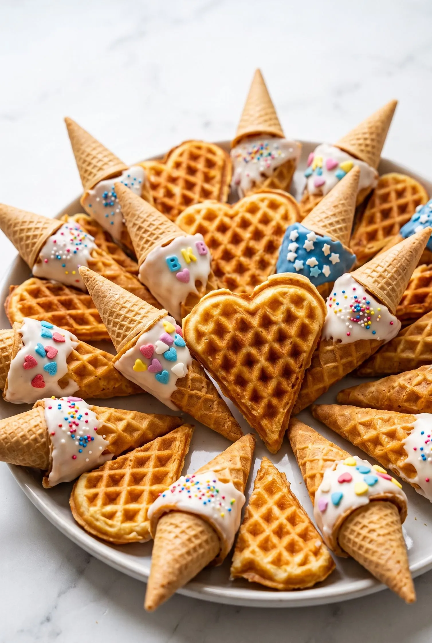 Knusprige Waffelschultüten frisch gebacken — goldbraune Waffelherzen mit bunter Glasur