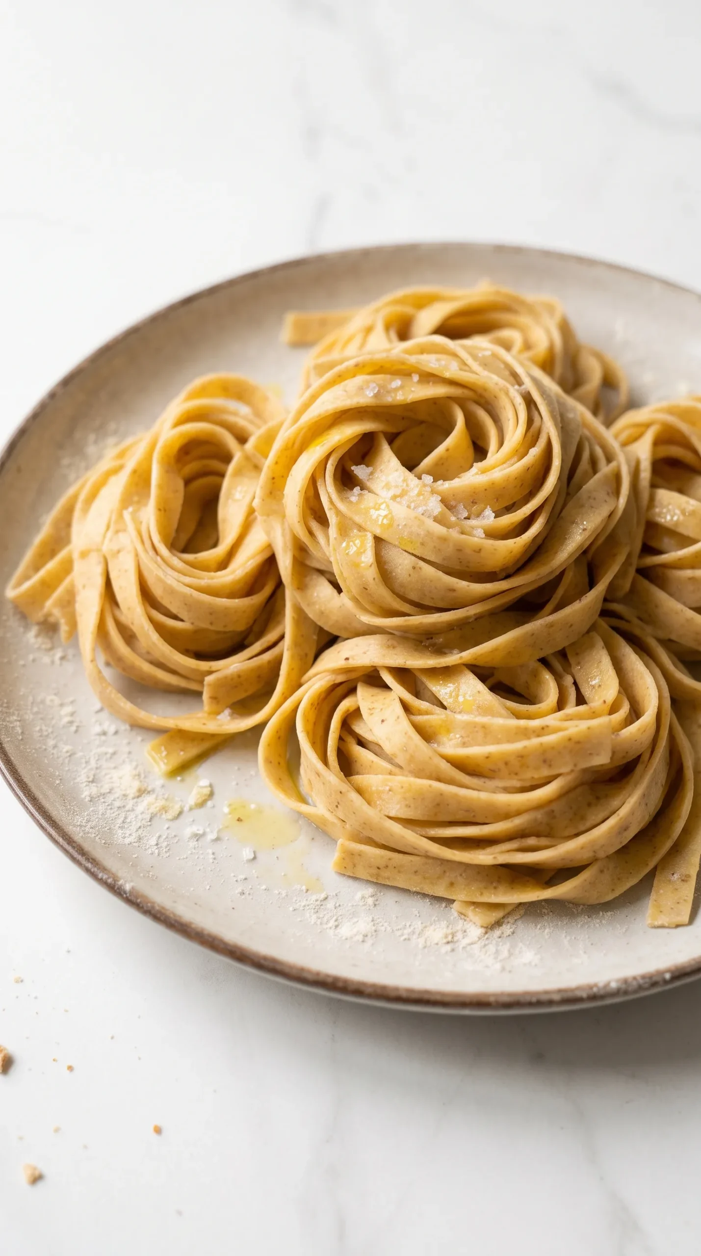 Frische selbstgemachte Dinkel-Tagliatelle aus Sauerteig, als Nester auf einem rustikalen Teller angerichtet.