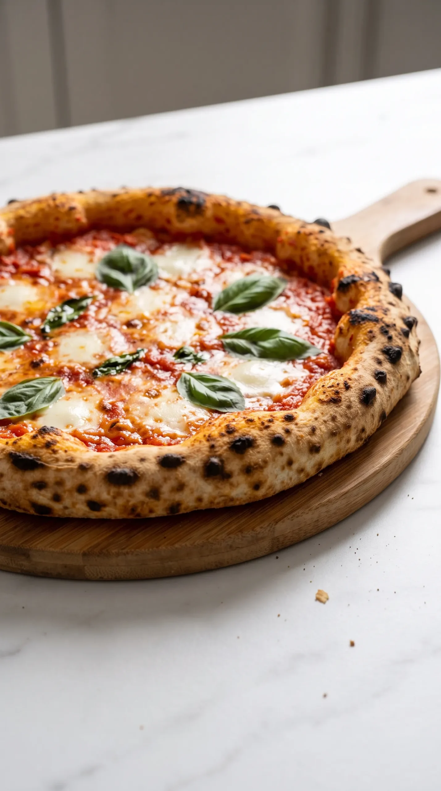 Neapolitanische Sauerteig-Pizza frisch aus dem Ofen auf Holzschieber mit Leopard-Muster am Rand, Mozzarella und Basilikum.