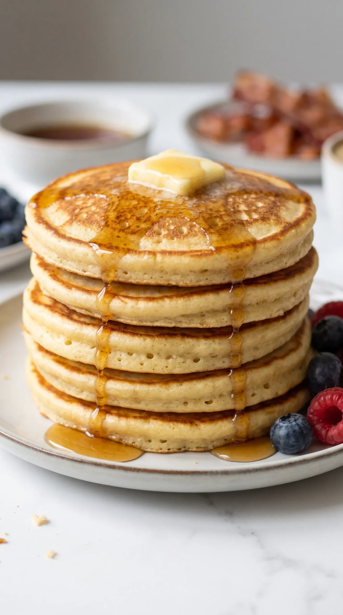 Fluffige Sauerteig Pancakes als hoher Stapel mit schmelzender Butter, Ahornsirup und frischen Beeren serviert.