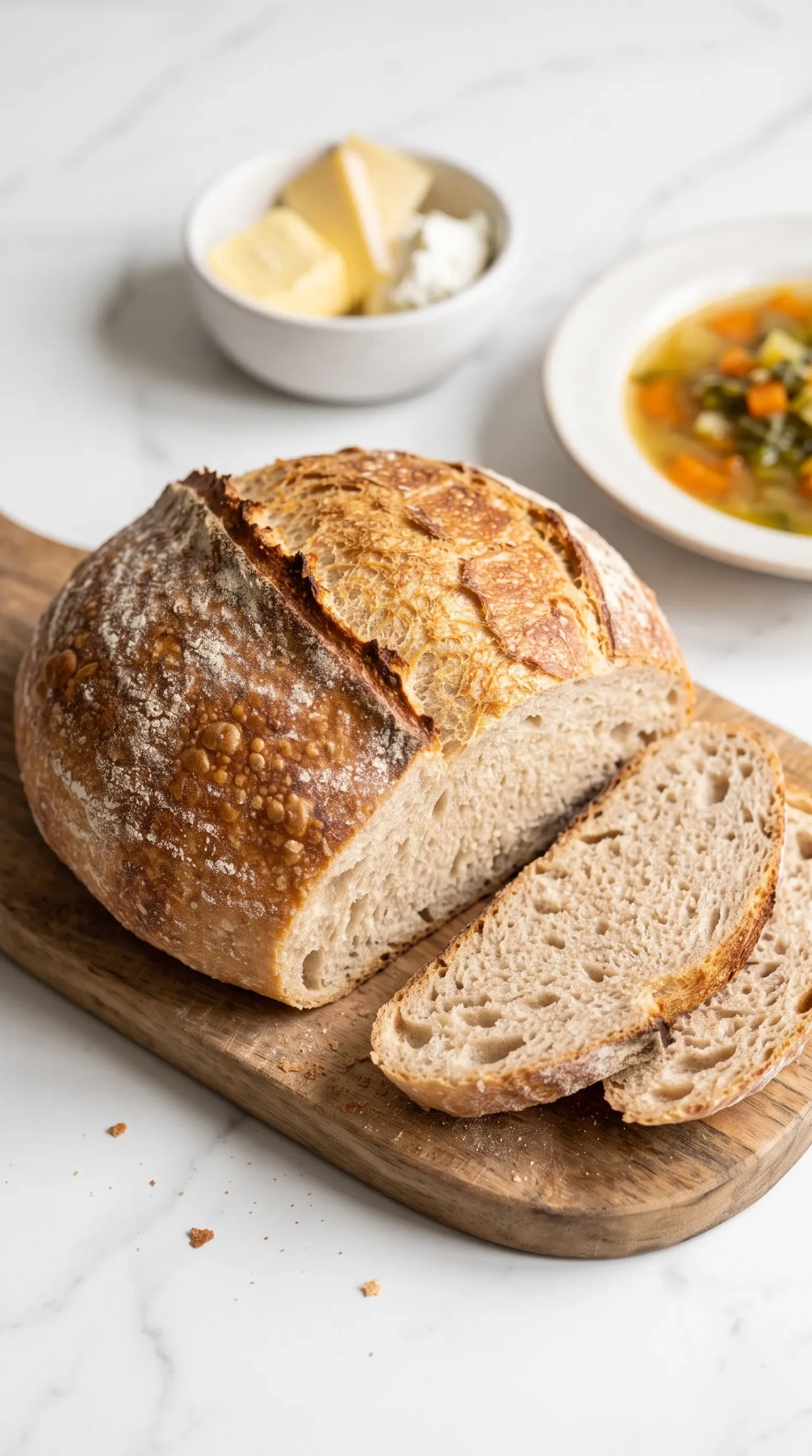Klassisches Dinkel-Sauerteigbrot ohne Hefe frisch gebacken aus dem Gusseisentopf, angeschnitten auf Holzbrett.