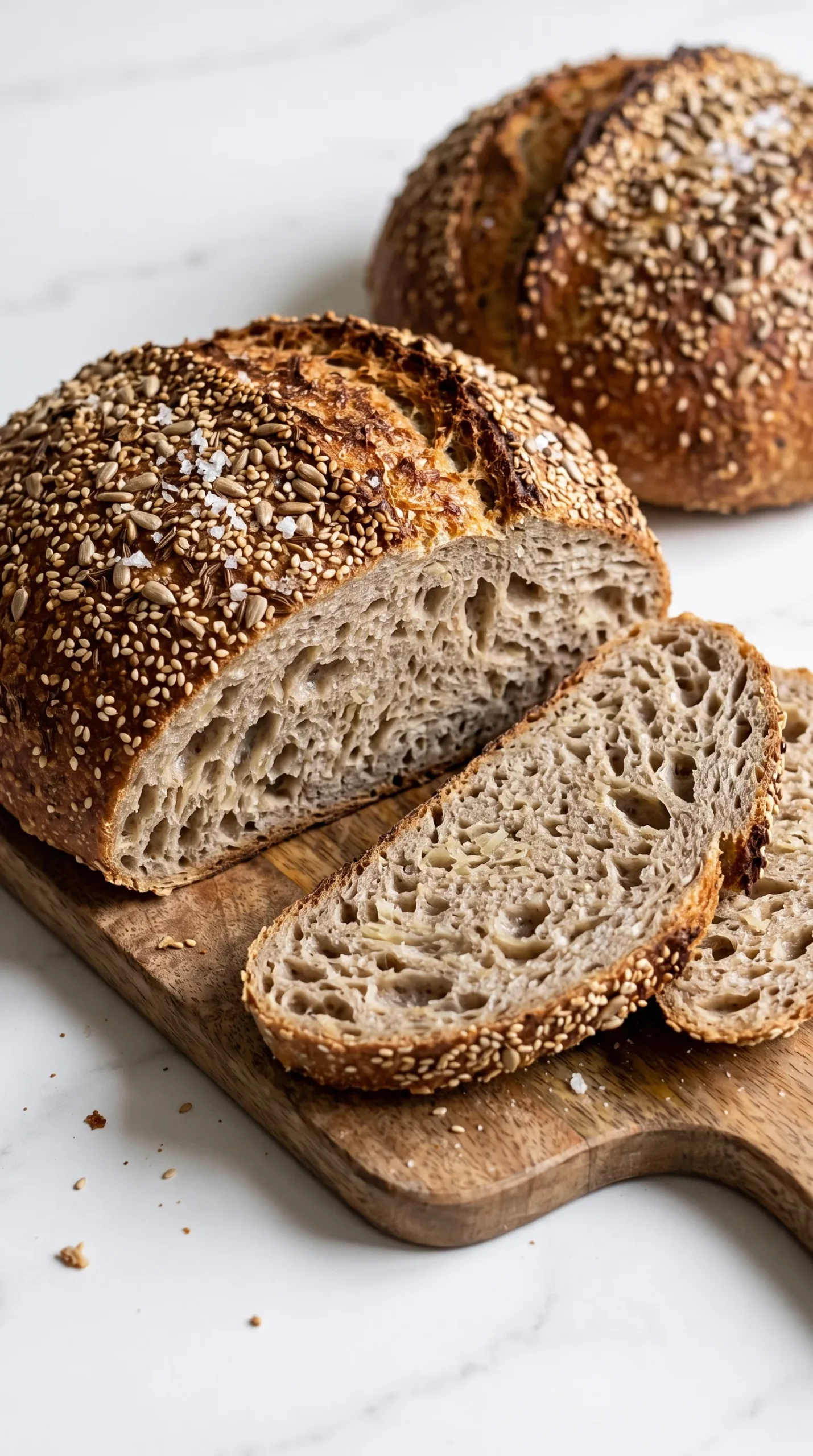 Herzhaftes Sauerkrautbrot mit knuspriger Senfkruste und Saaten, frisch gebacken und angeschnitten auf Holzbrett.
