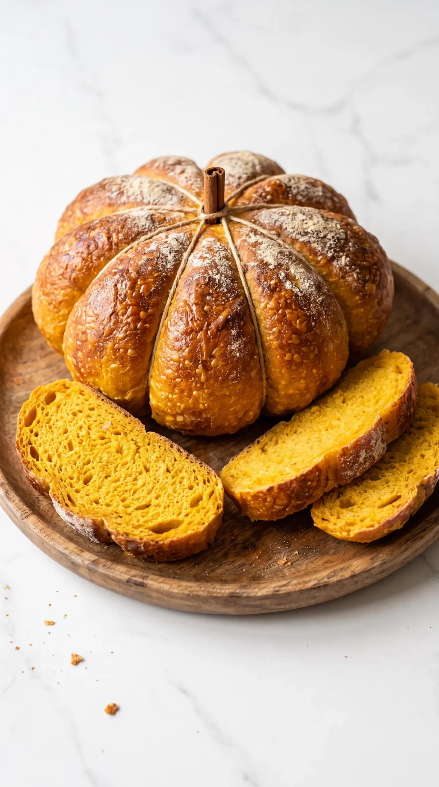Saftiges Sauerteig-Kürbisbrot in Kürbisform frisch gebacken, angeschnitten auf einem Holzbrett mit leuchtend oranger Krume.