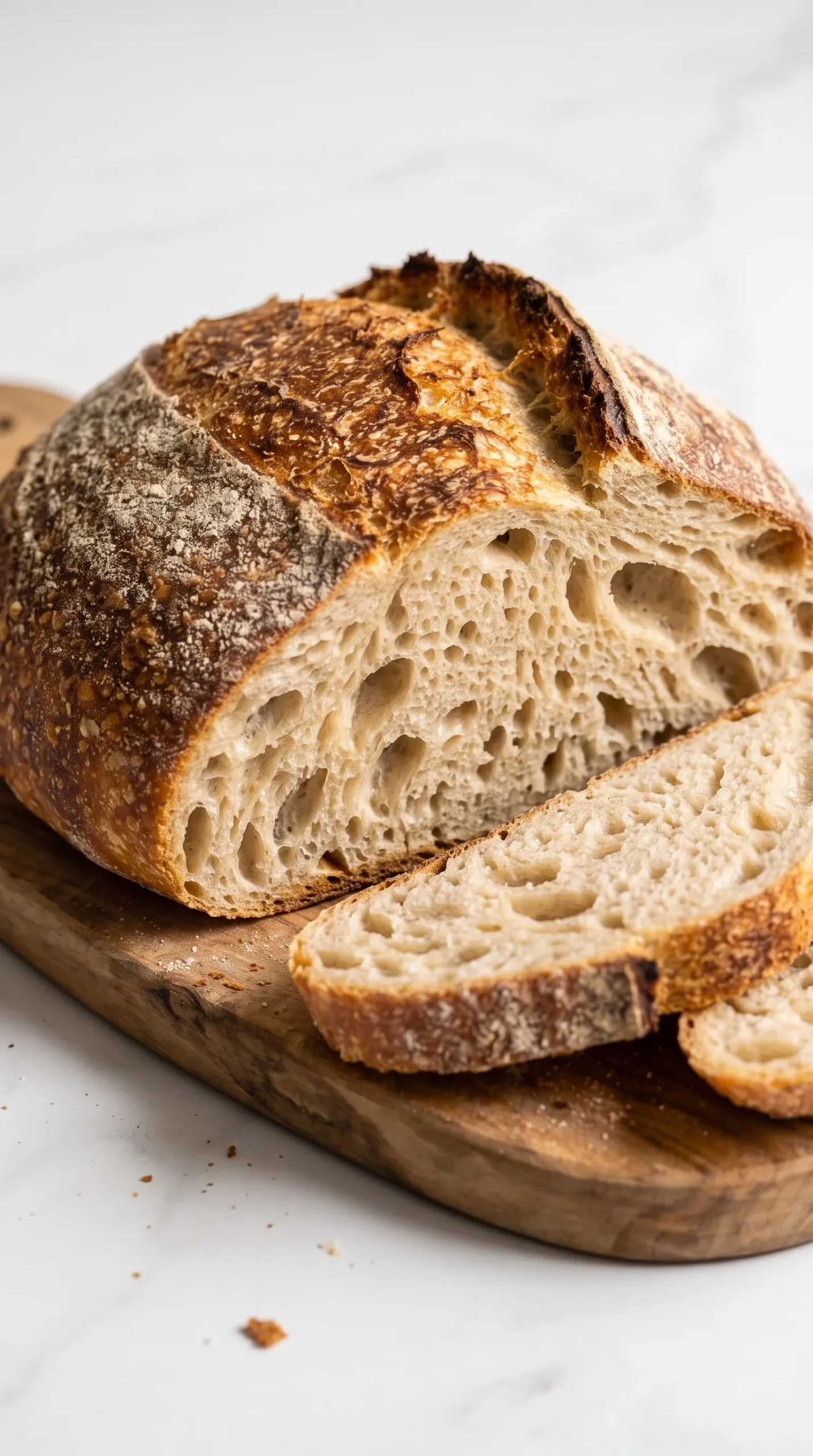 Saftiges Kartoffelbrot mit Sauerteig frisch aus dem Dutch Oven, knusprig aufgerissen und angeschnitten auf Holzbrett.
