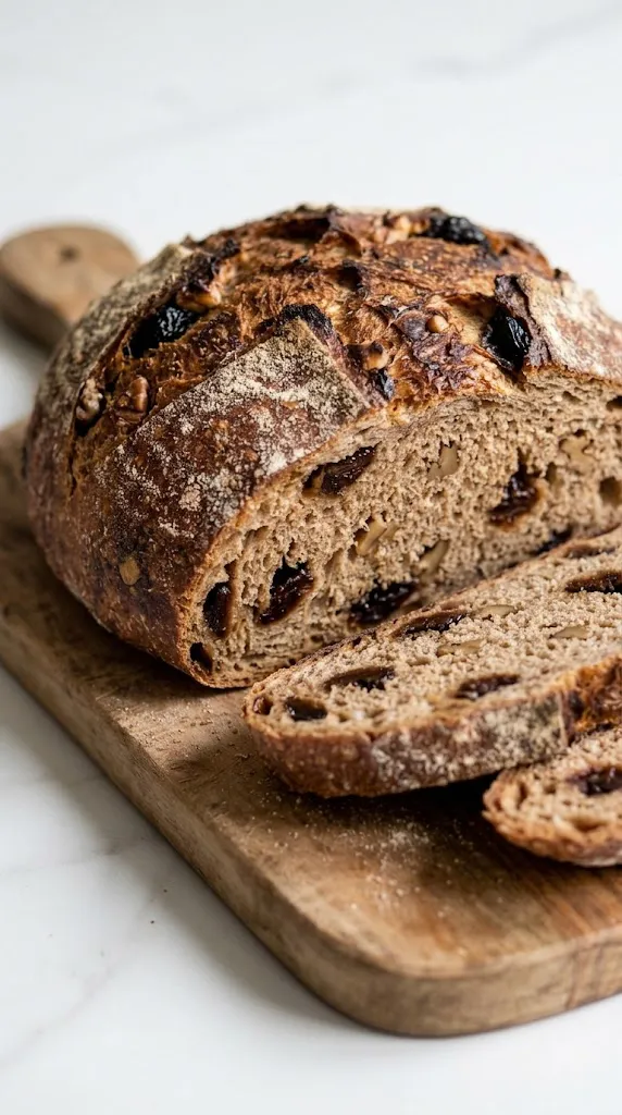 Saftiges Walnuss-Pflaumenbrot mit Sauerteig frisch aus dem Dutch Oven, knusprig gebacken und angeschnitten auf Holzbrett.