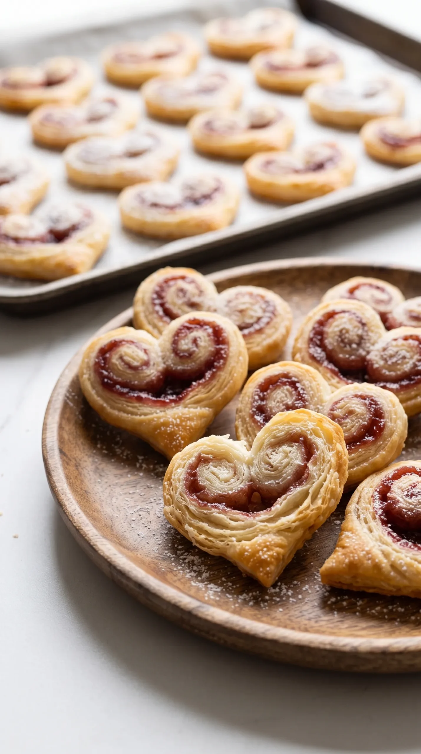 Schnelle Erdbeer-Blätterteig-Herzen frisch gebacken und mit Puderzucker bestäubt auf einem Holzbrett angerichtet.