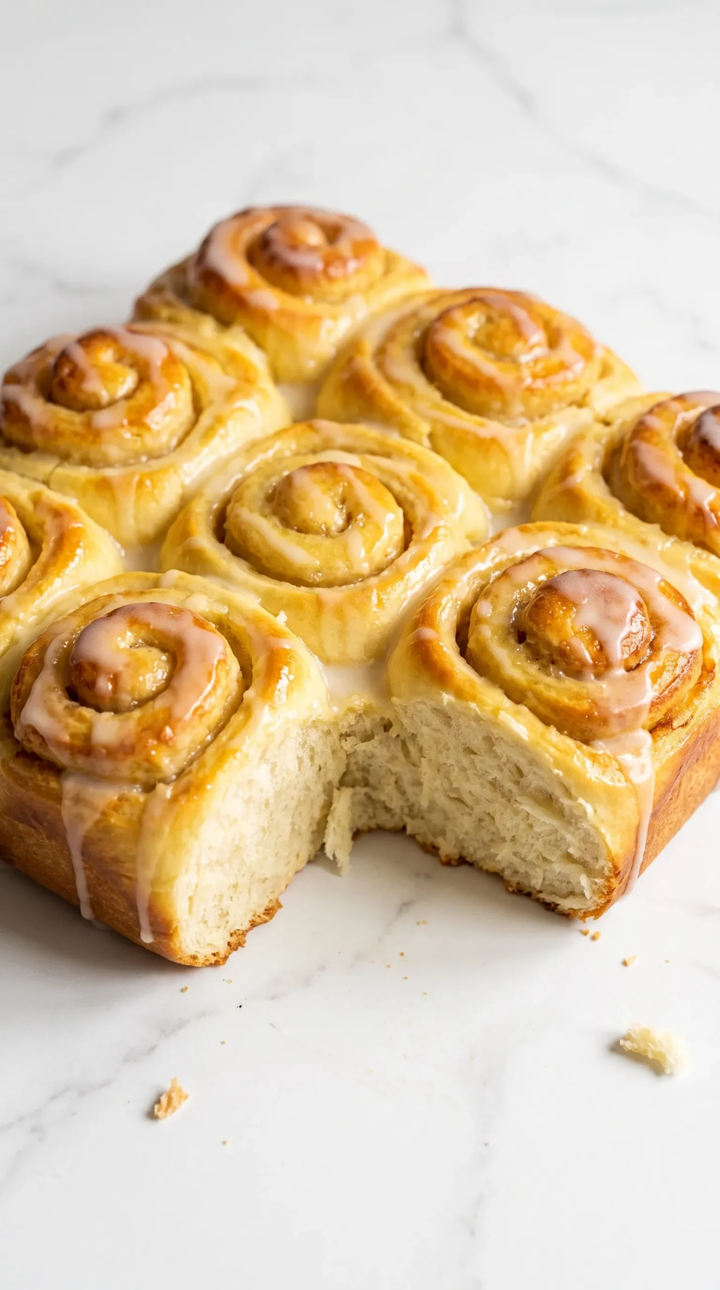 Fluffige Holunderblüten-Schnecken frisch gebacken in der Backform mit feiner Zitronen-Holunderblüten-Glasur.