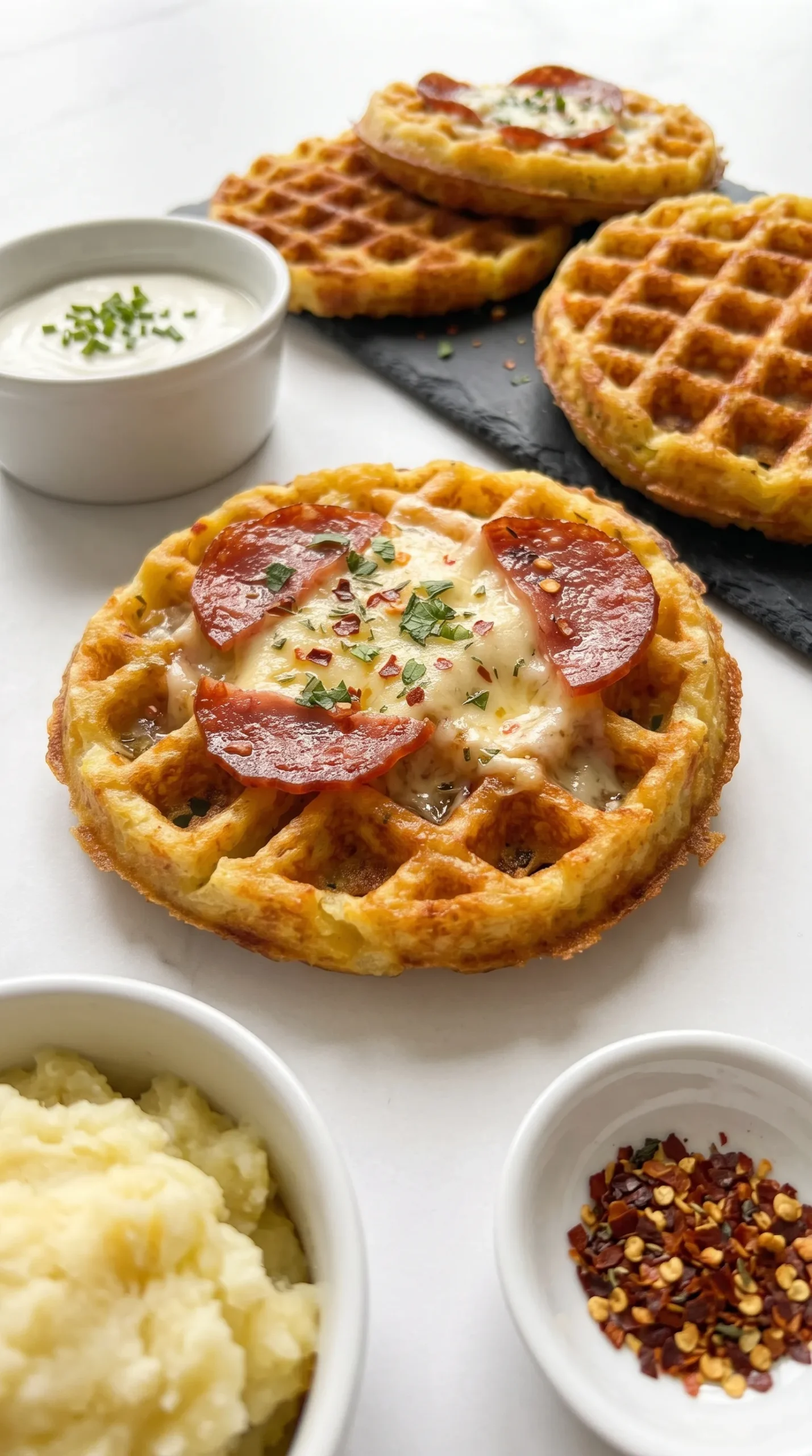 Knusprige herzhafte Kartoffel-Waffeln mit geschmolzenem Käse und Salami frisch gebacken auf Schieferplatte serviert.