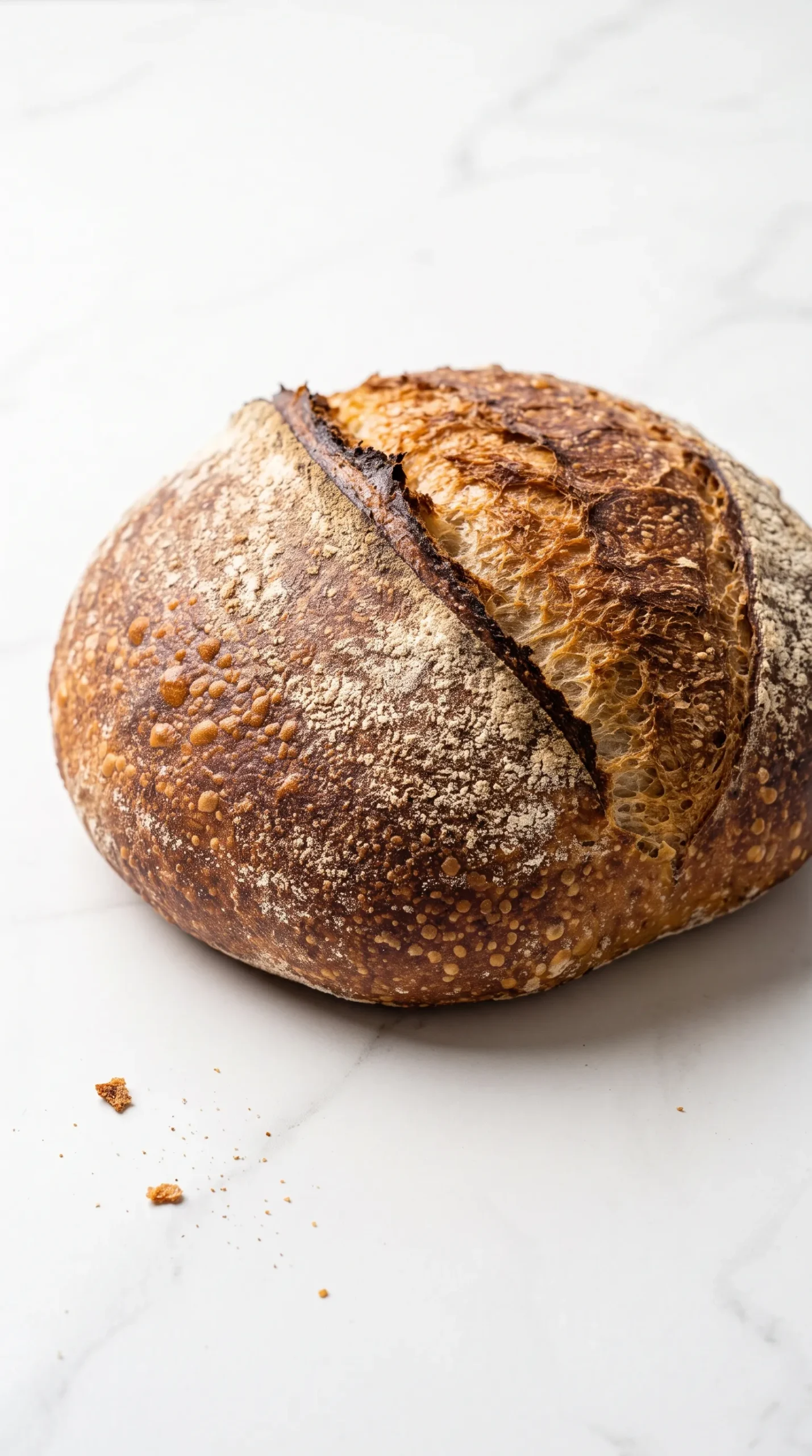 Sauerteig-Bauernbrot ohne Hefe frisch gebacken aus dem Dutch Oven, knusprig aufgerissen und angeschnitten auf einem Holzbrett.