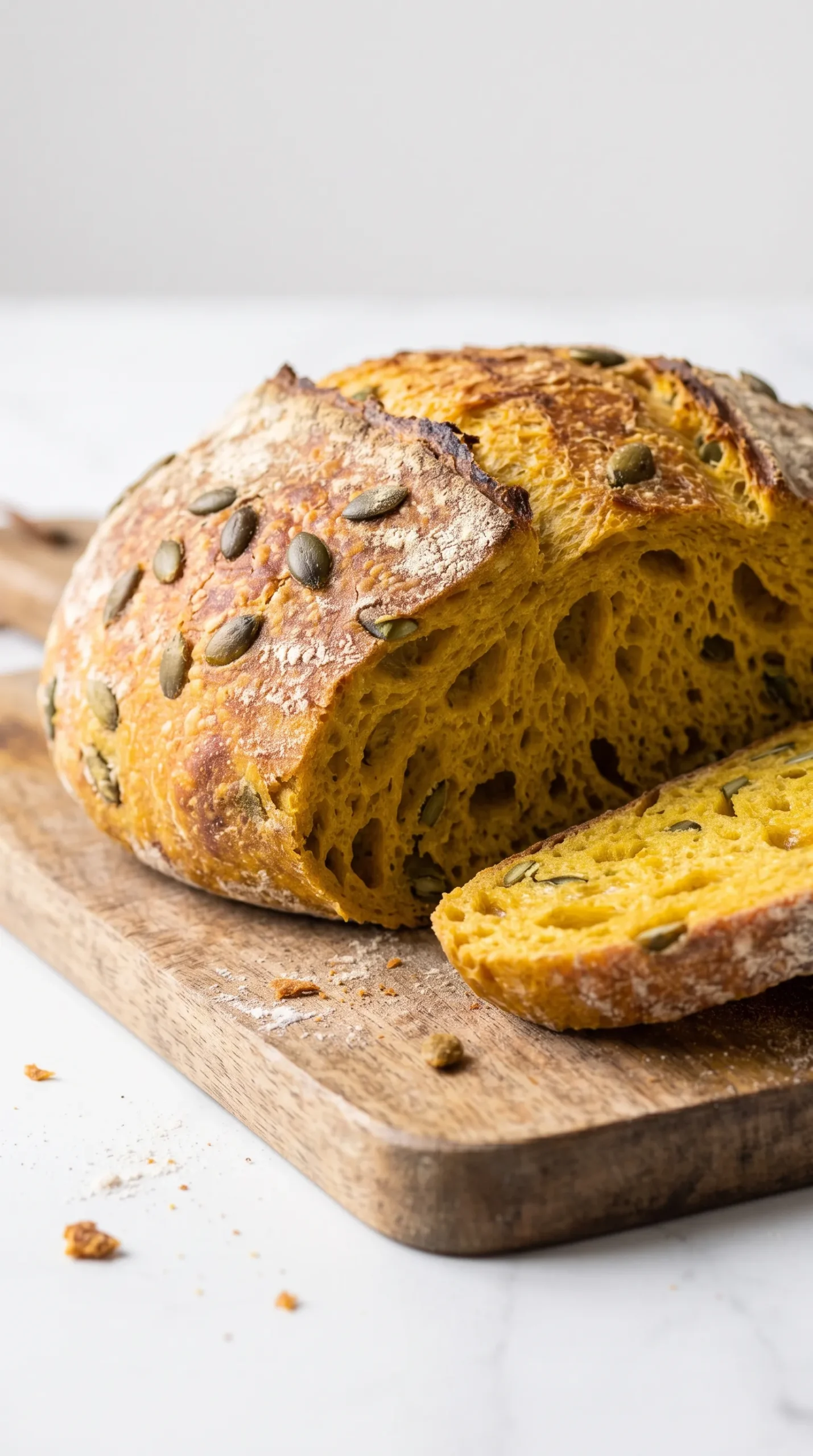 Kürbis-Dinkel-Sauerteigbrot frisch gebacken aus dem Gusseisentopf, angeschnitten auf Holzbrett mit leuchtend gelb-oranger Krume und Kürbiskernen.