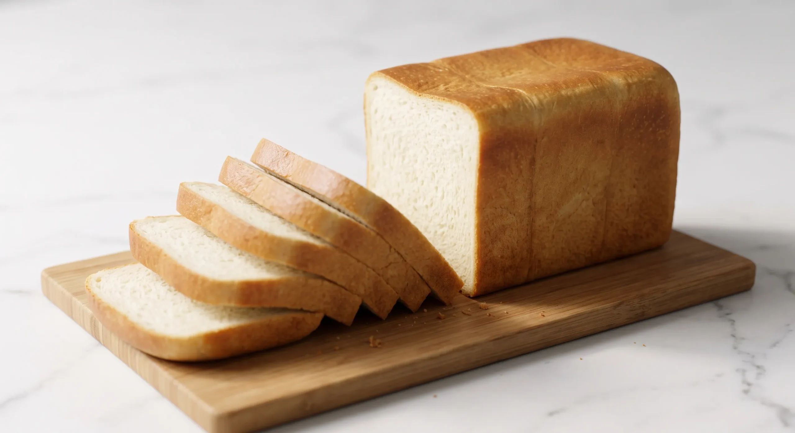 Fluffiges Sauerteig-Toastbrot frisch gebacken aus der Kastenform, gleichmäßig in Scheiben aufgeschnitten auf Holzbrett.