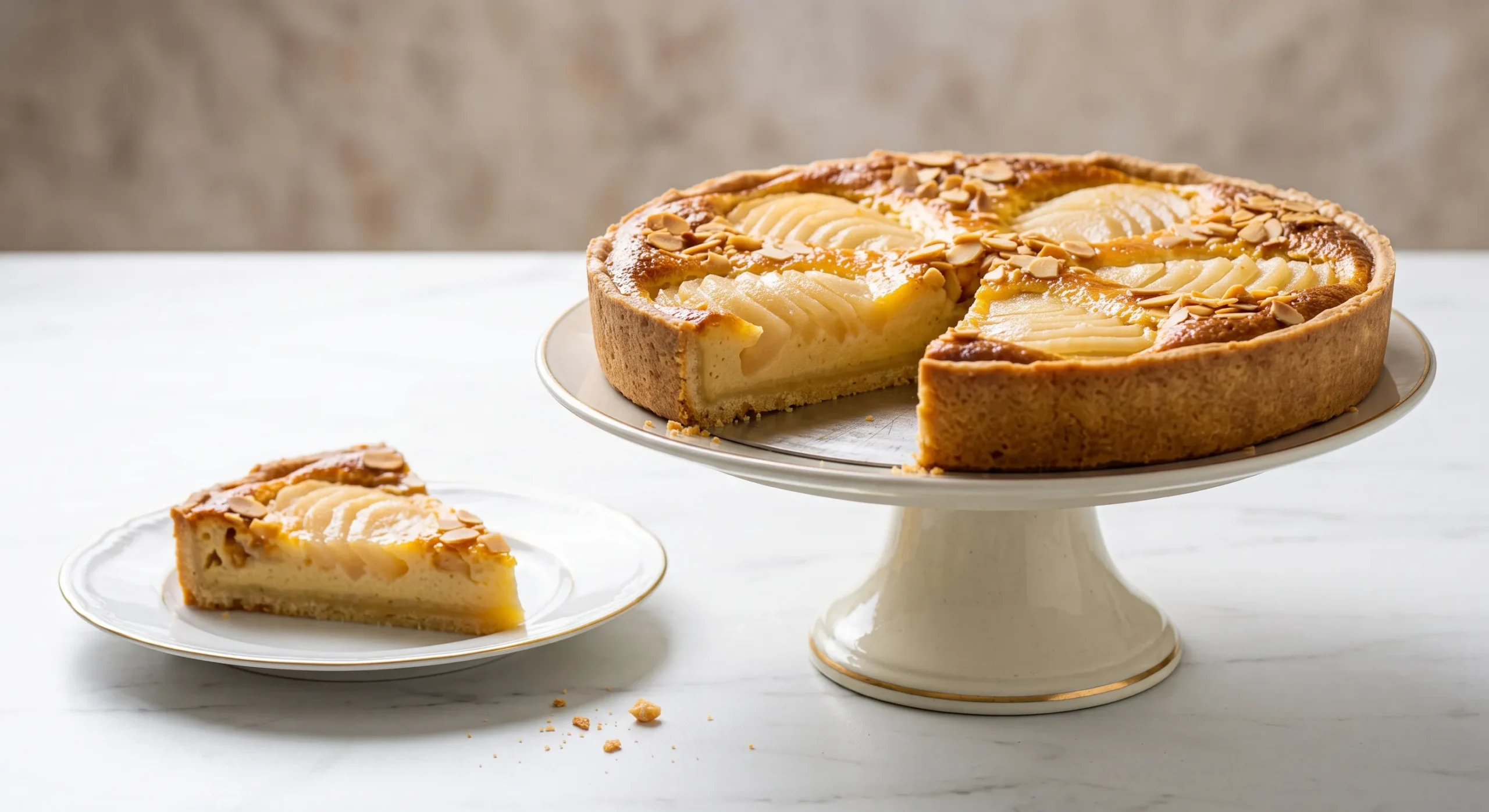 Feiner Birnenkuchen mit Guss und gerösteten Mandeln frisch gebacken, angeschnitten auf einer Tortenplatte.