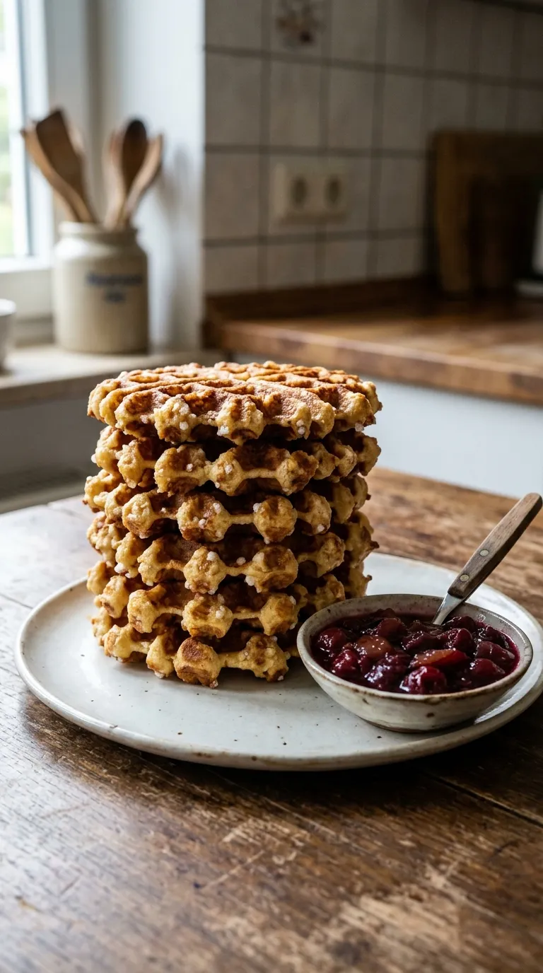 Germ-Waffeln mit Kompott goldgelb gebacken auf einem Keramikteller