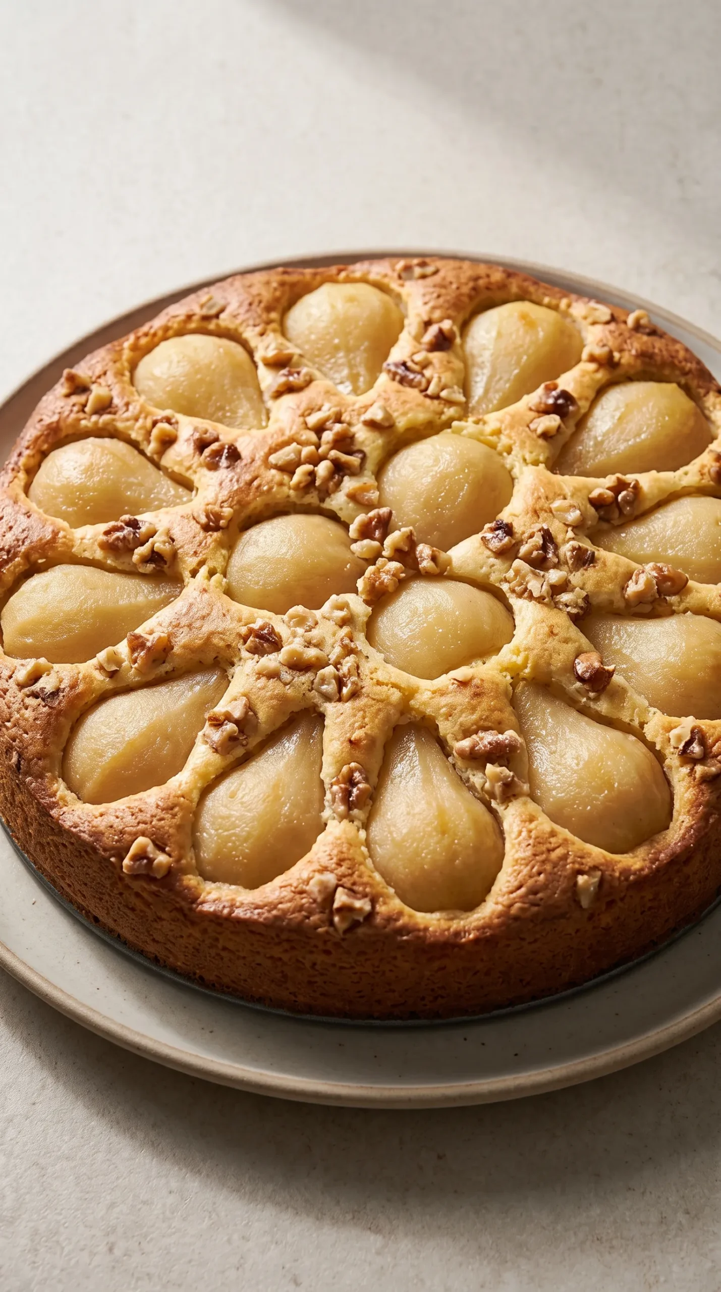 Schneller Birnenkuchen mit 16 Birnenvierteln und gerösteten Walnussstücken auf goldbraunem Rührteig gebacken.