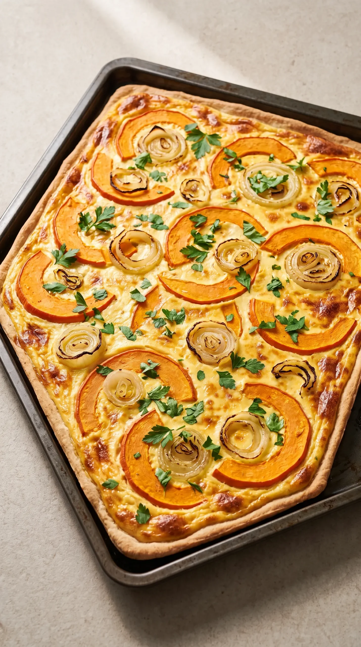 Herzhafter Zwiebel-Kürbis-Kuchen vom Blech mit Schmand, Hokkaidokürbis, Zwiebelringen und frischer Petersilie.