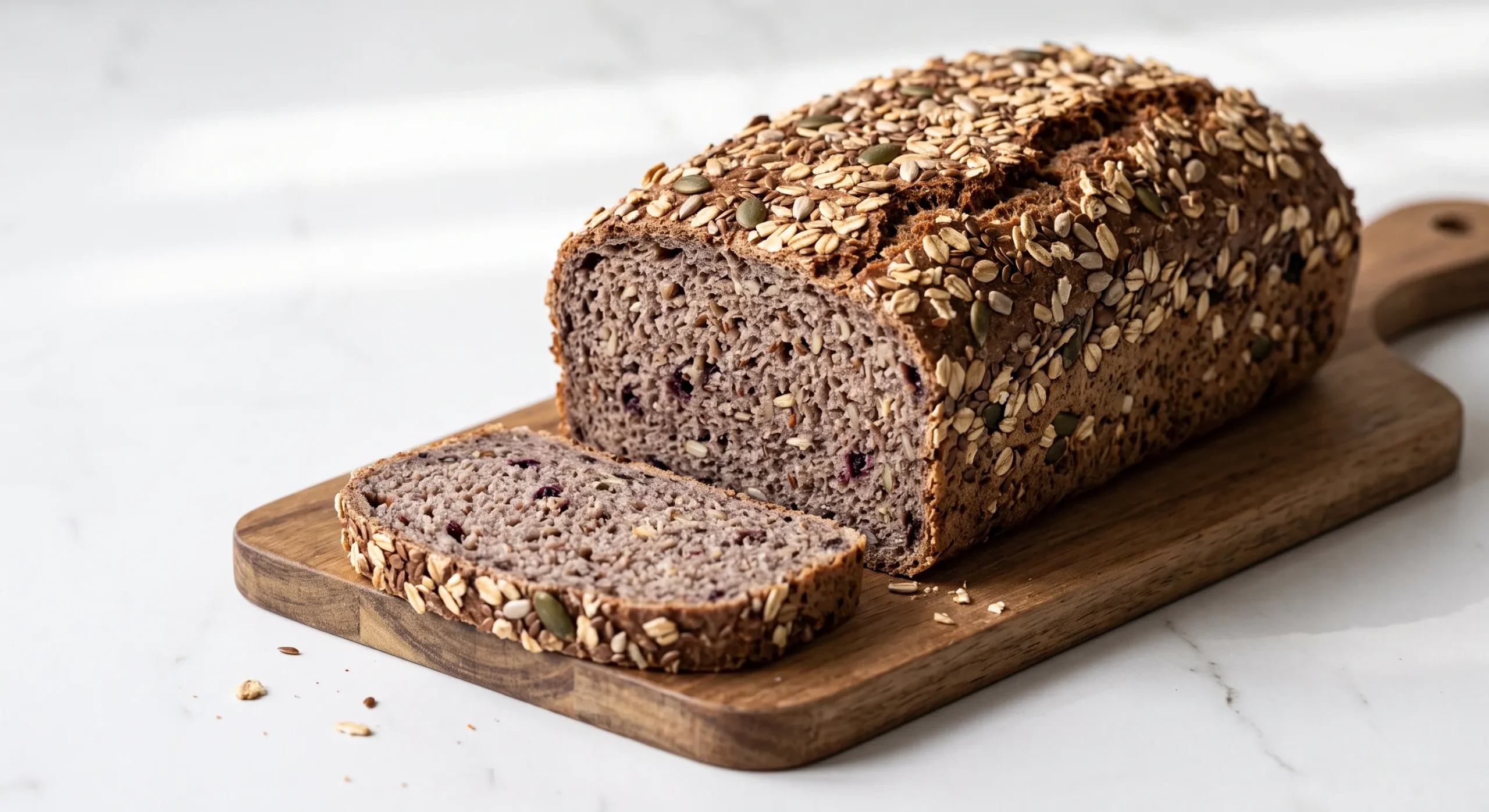 Saftiges Aronia-Dinkelbrot mit Haferflockenkruste und Kernen frisch aus der Kastenform gebacken, angeschnitten auf Holzbrett.