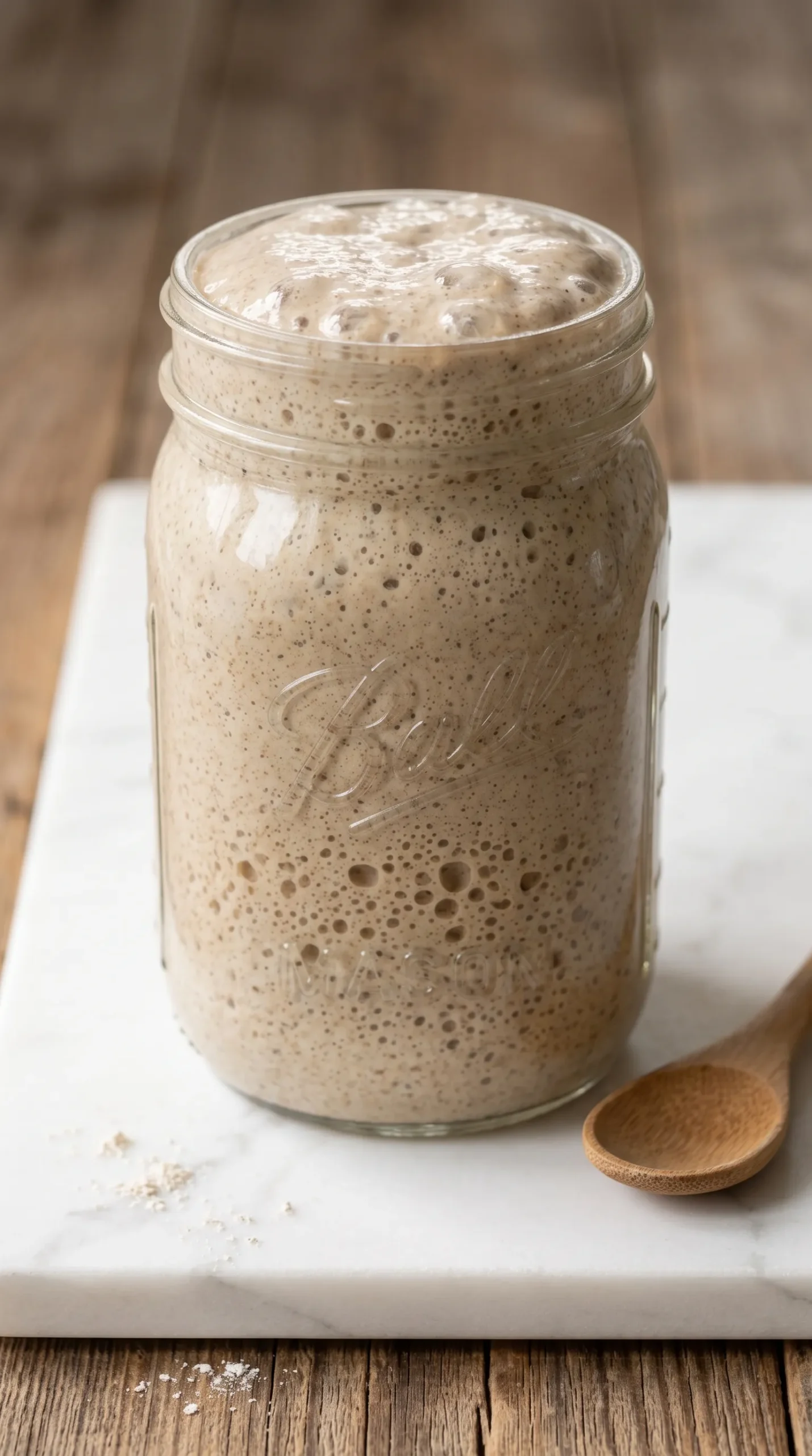 Aktiver Roggensauerteig-Starter in einem großen Weckglas mit schäumenden Gärbläschen und Holzspatel.