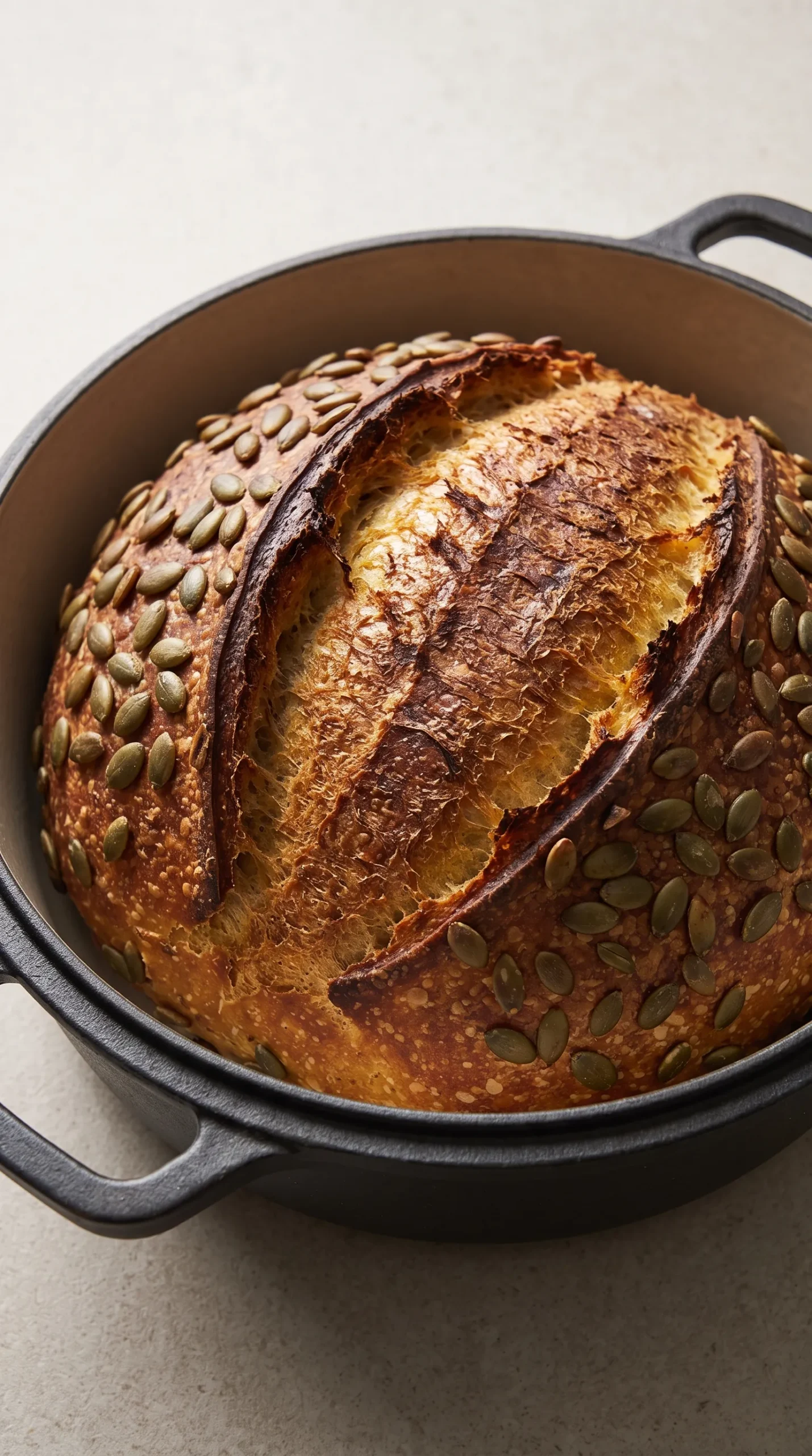 Kürbisbrot mit Sauerteig: Ganzer runder Brotlaib mit knuspriger Kruste, tiefem Ausbund und gerösteten Kürbiskernen.
