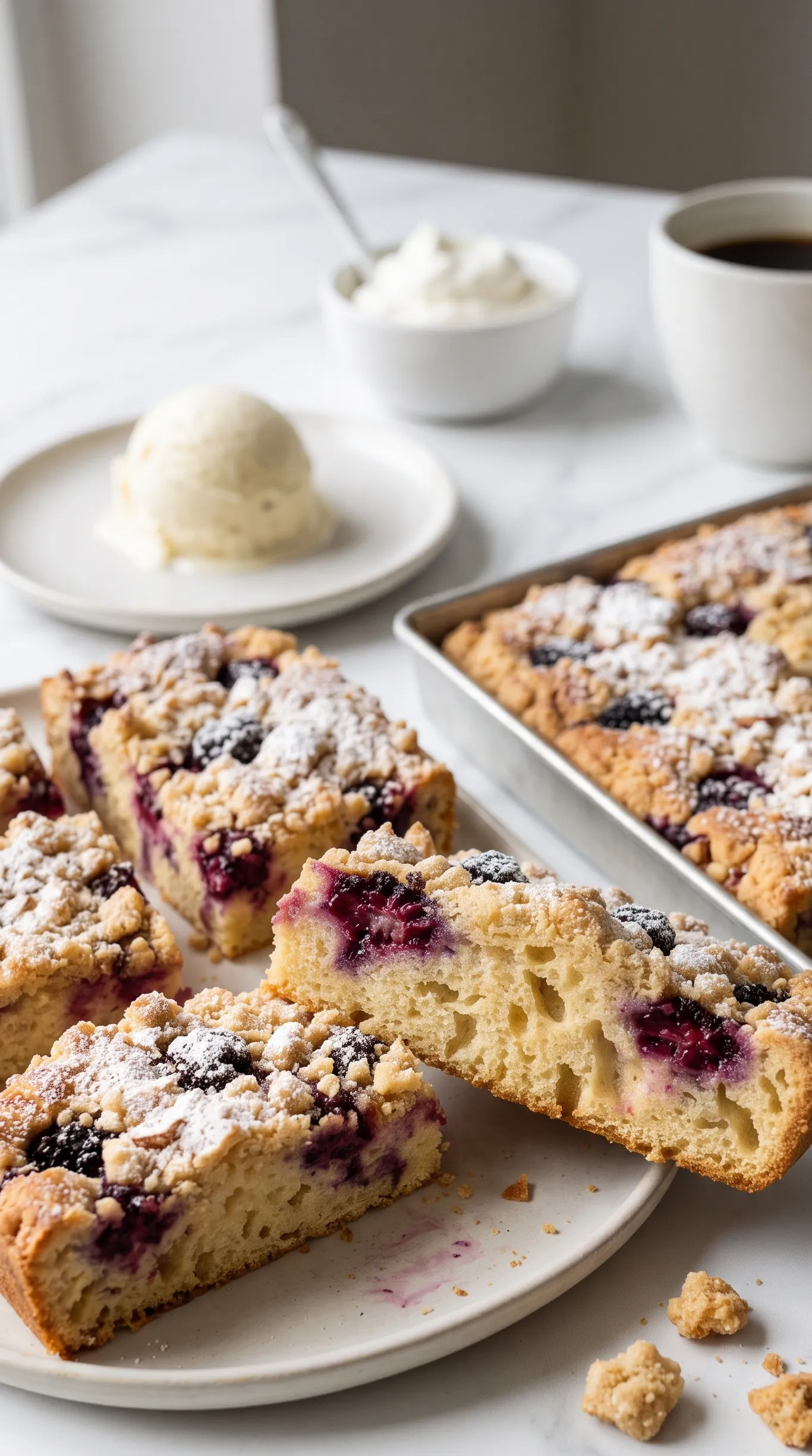 Brombeerkuchen vom Blech aus der Froschperspektive mit Mascarpone-Mandelteig.